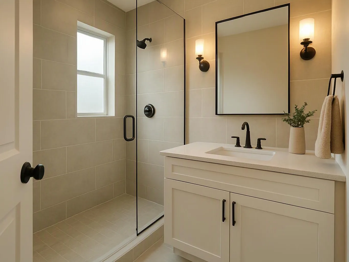 A beige bathroom shows a glass shower, white vanity, black fixtures, and a lit mirror with towel and plant