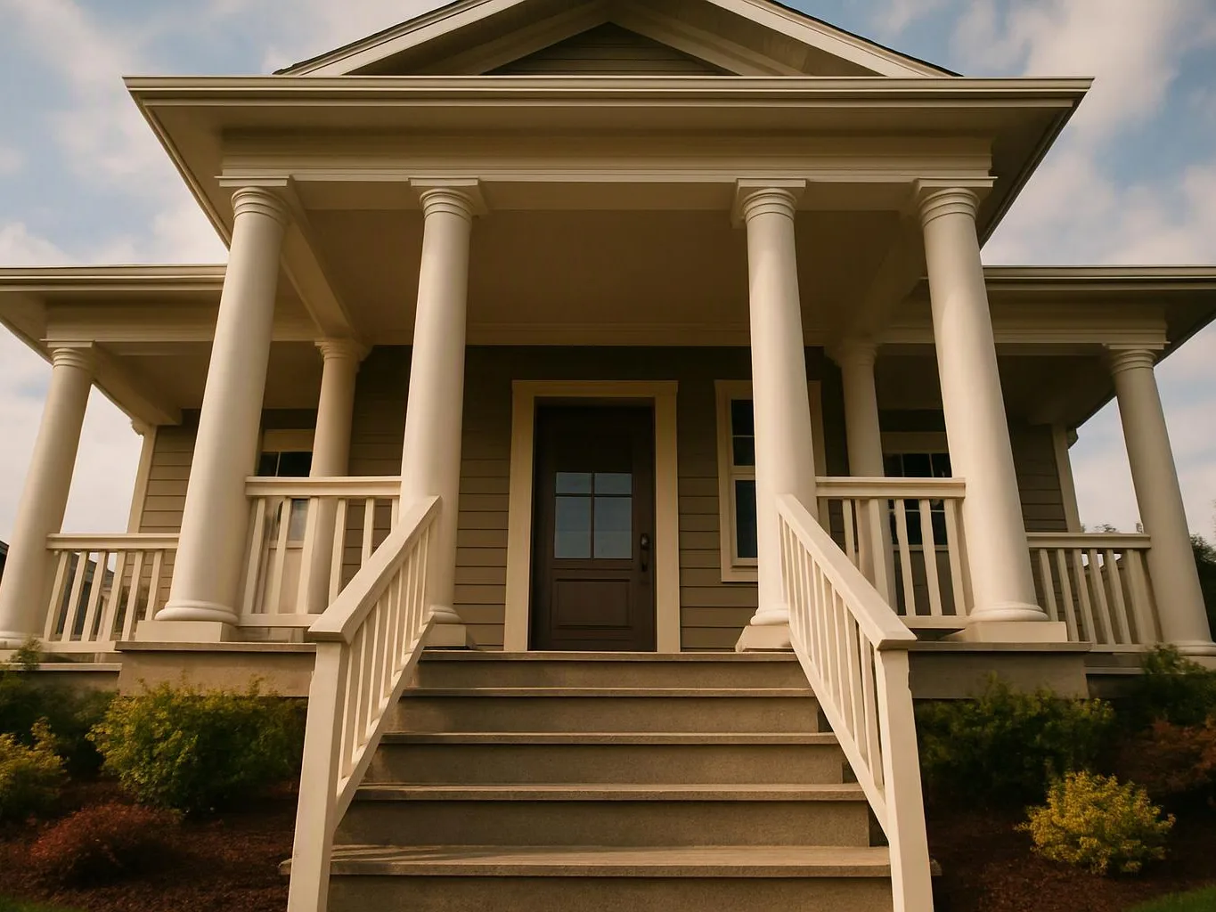 A beige house with tall white columns and front steps stands under a cloudy sky