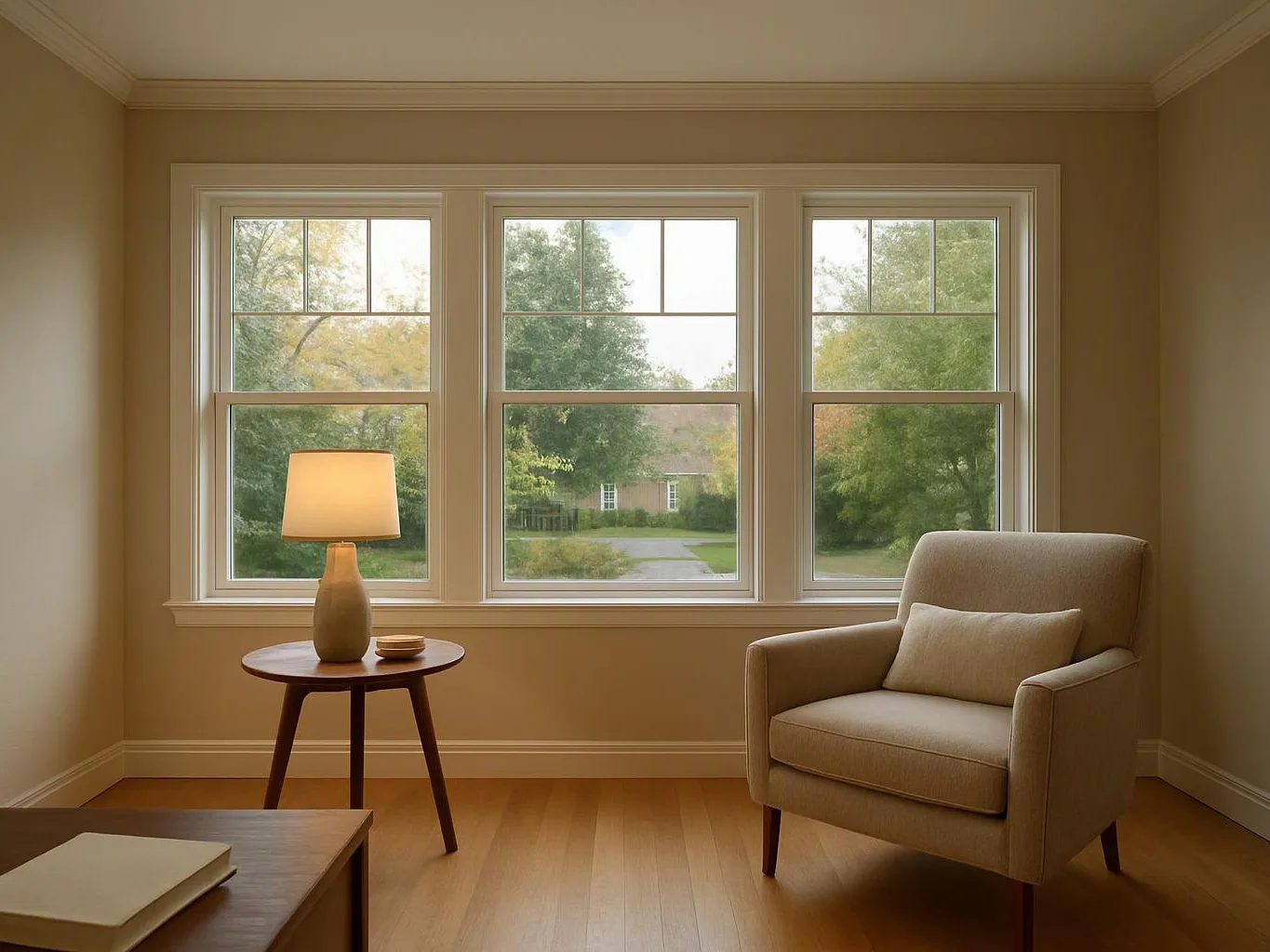 A beige living room has three windows, a glowing table lamp, and a cushioned armchair beside a small round table