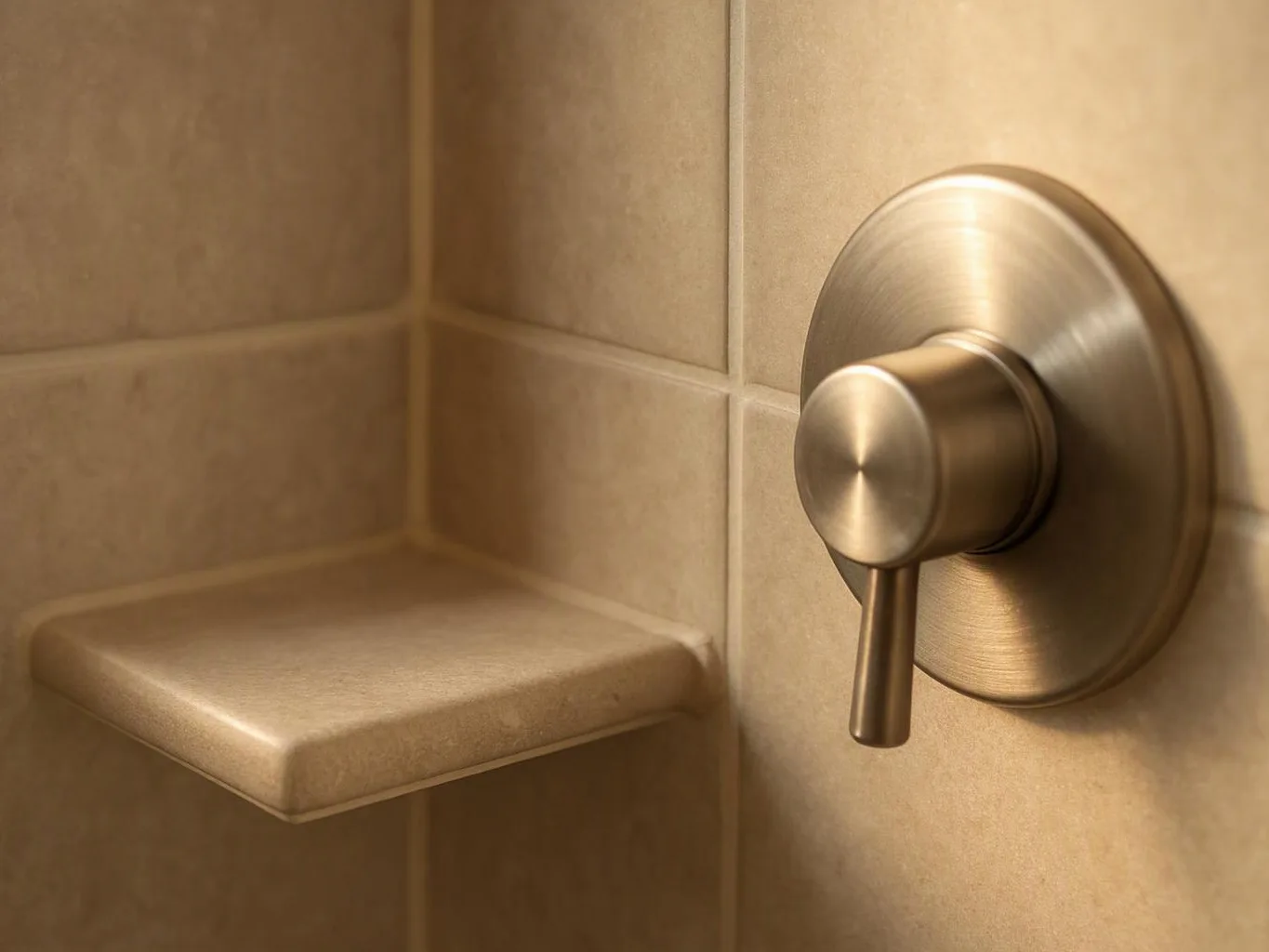 A brass shower control sits beside a small corner shelf against beige tiled walls