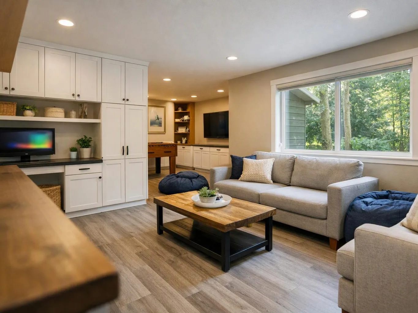 A bright living room features gray sofas, a wooden coffee table, built-in cabinets, and a large window with trees outside