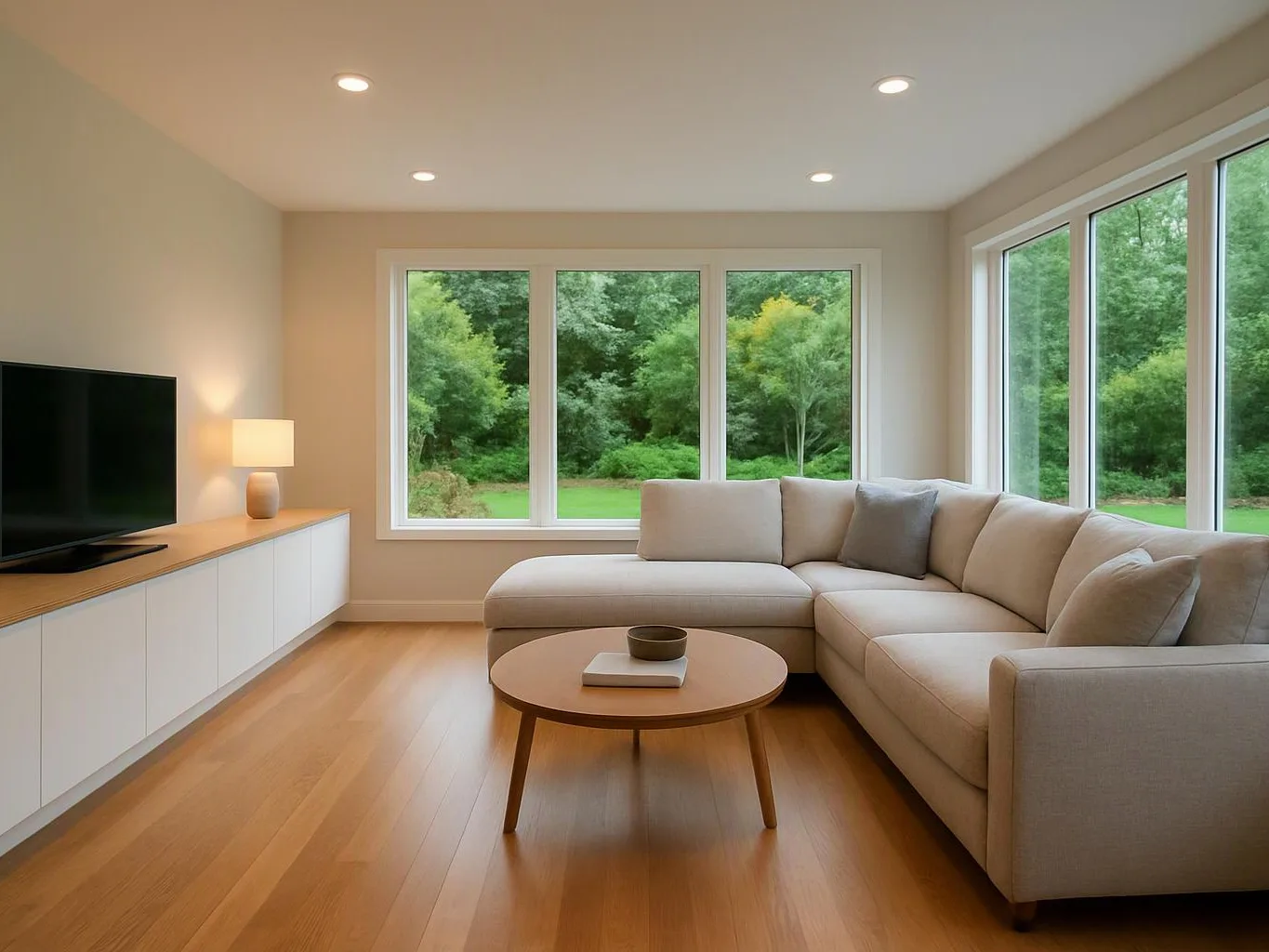 A bright living room has a beige sectional, round coffee table, TV console, and large windows looking out to green trees