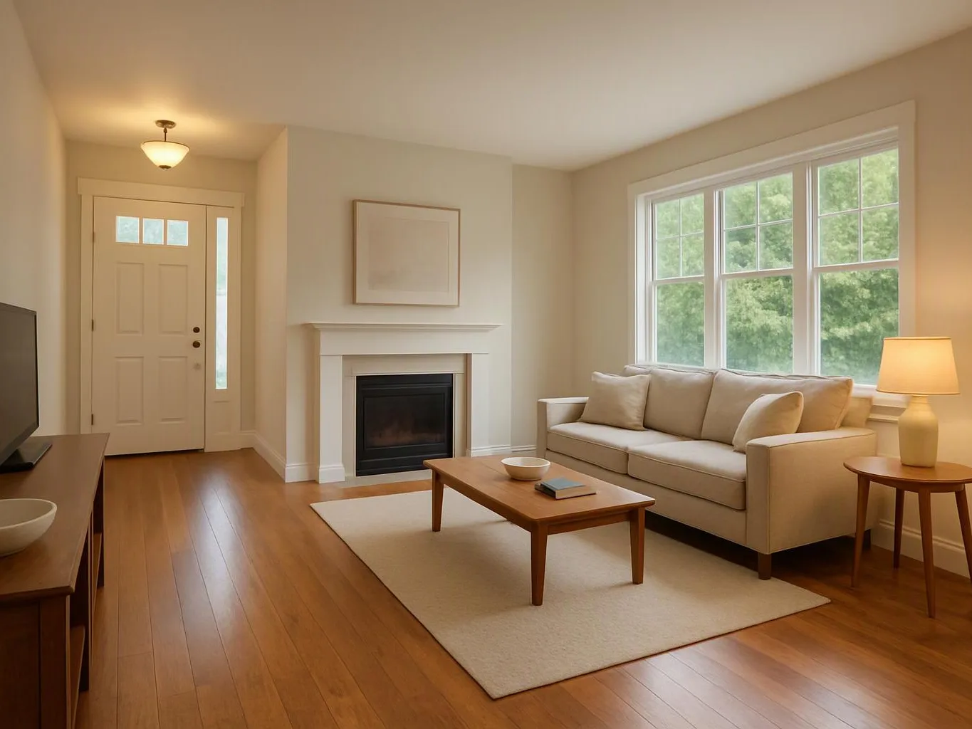 A bright living room has a beige sofa, fireplace, coffee table, and large window beside the front door