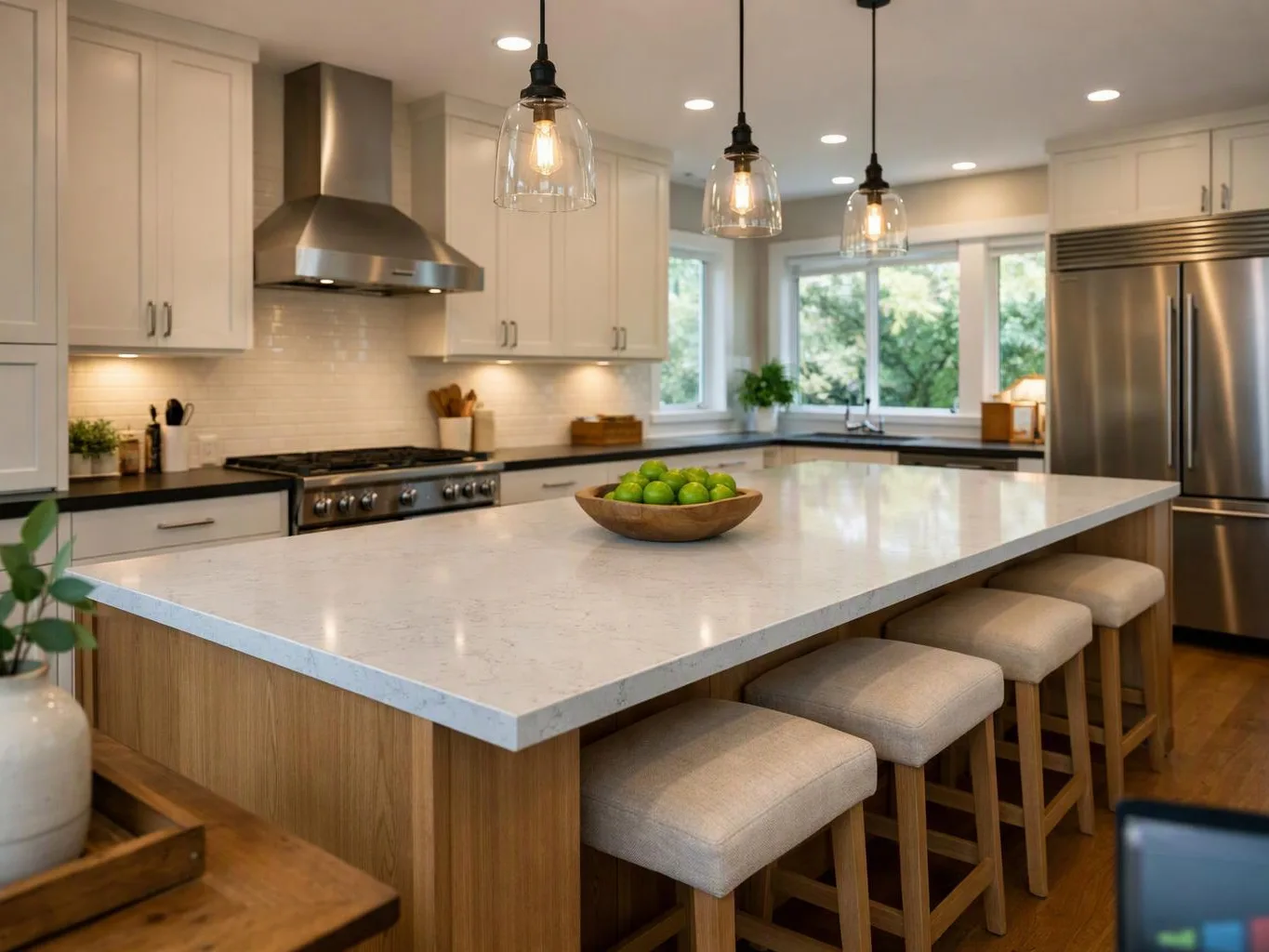 A bright modern kitchen shows a large island, pendant lights, stainless appliances, and stools beneath the counter