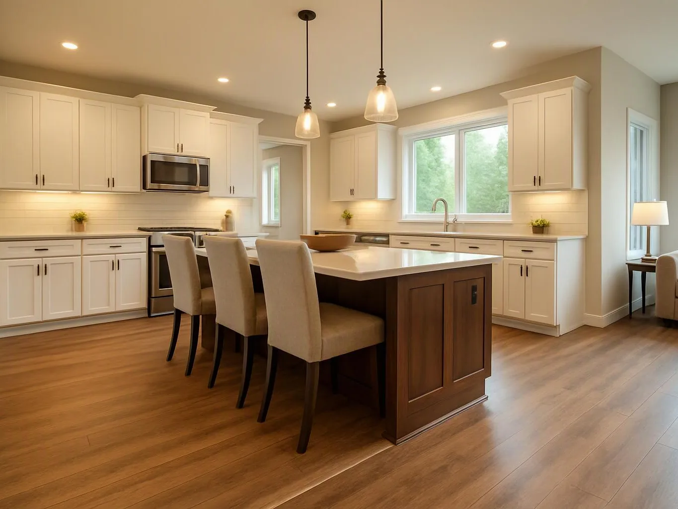 Bright modern kitchen with white cabinets, a wood island, three chairs, pendant lights, and large windows looking outside