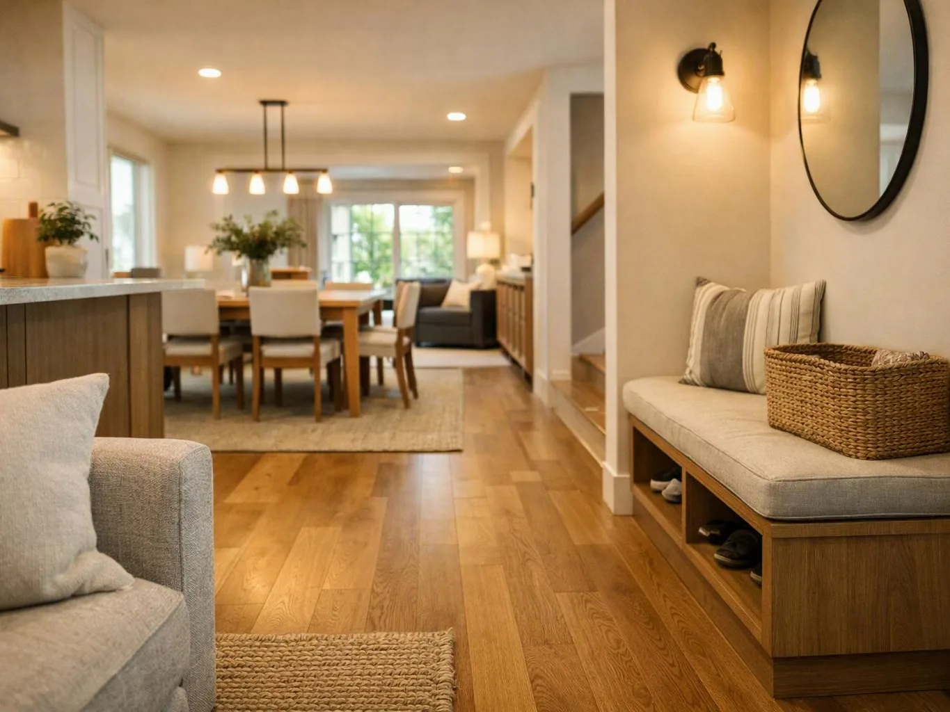 A bright open-plan living and dining room features wood floors, a bench, sofa, table, and warm pendant lights