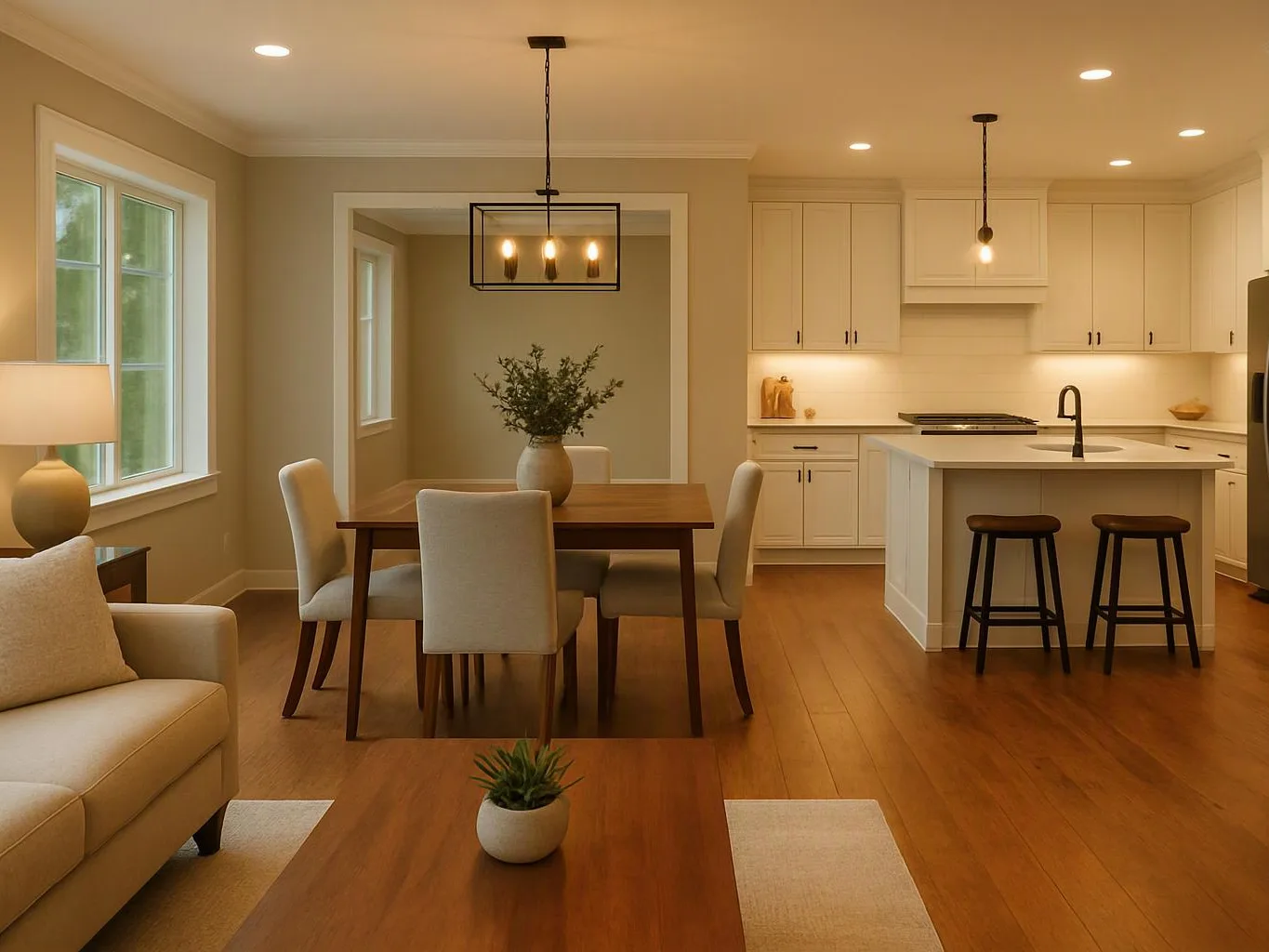 A bright open-plan living room and kitchen shows a dining table, island stools, beige sofa, and warm wood floors