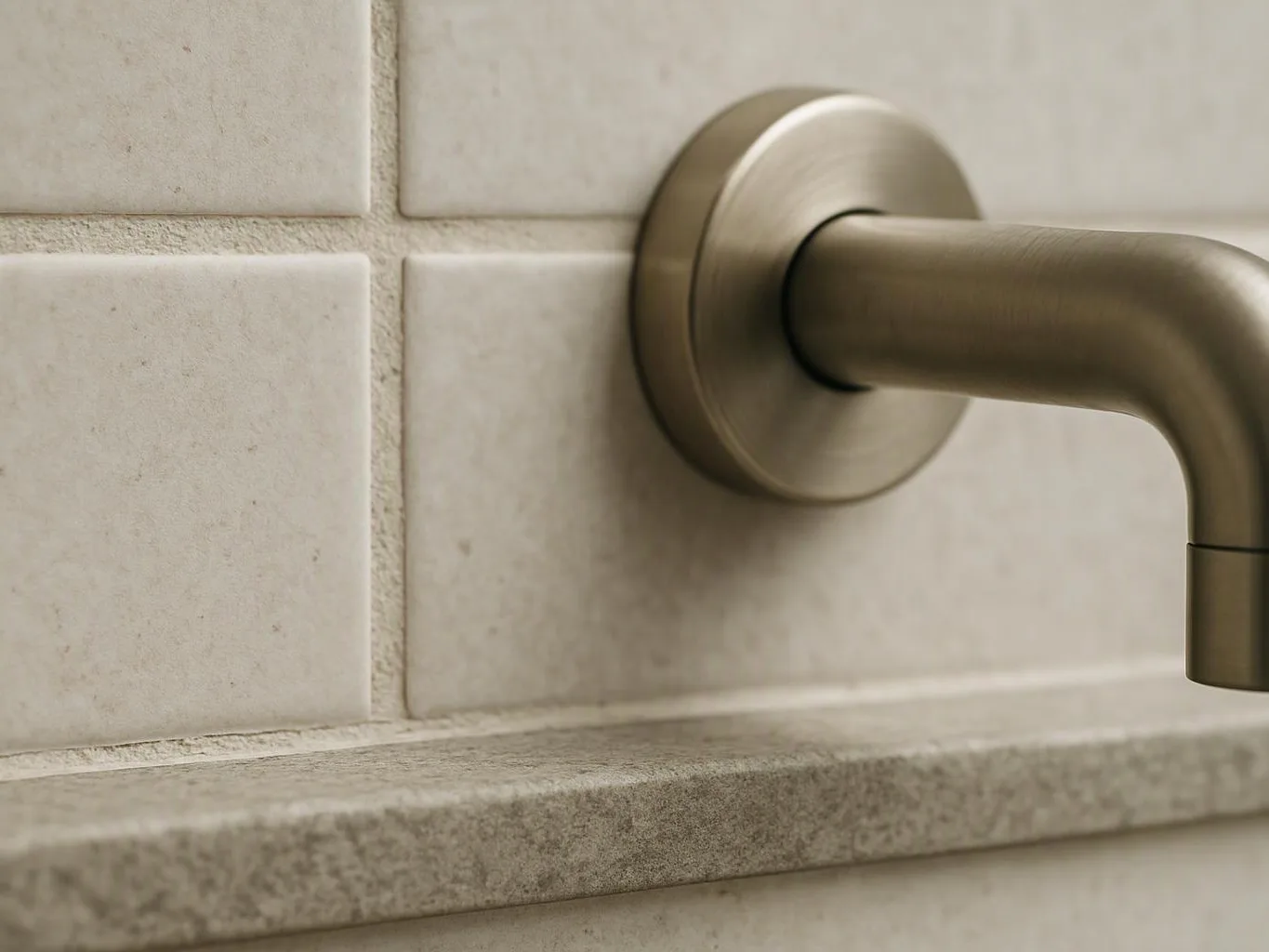 A brushed metal faucet extends from a tiled wall above a stone sink ledge
