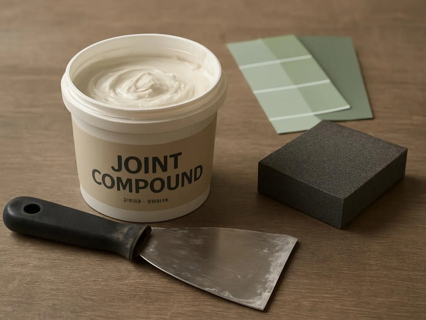 A bucket of joint compound sits beside a putty knife, sandpaper block, and paint swatches on a wooden table