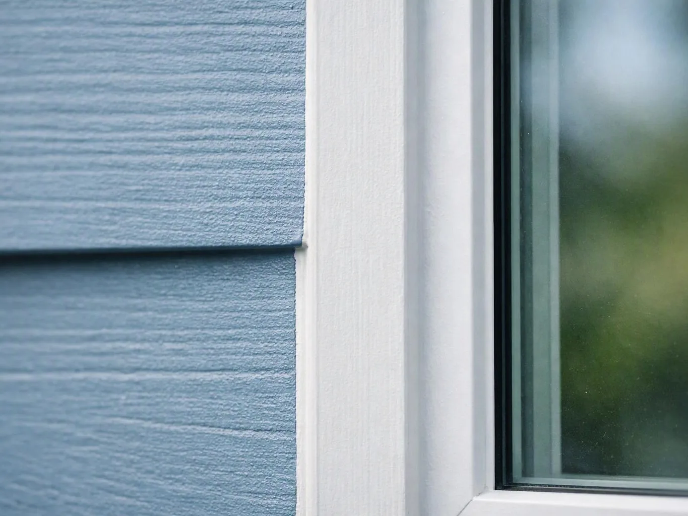 Close-up of blue siding beside a white window frame and glass pane