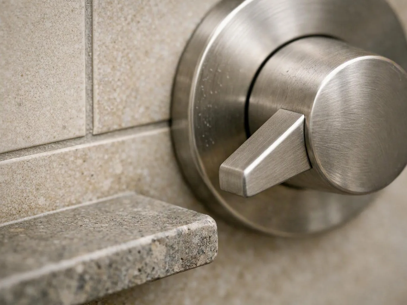 Close-up of a brushed metal shower control knob beside beige tiled wall and stone shelf