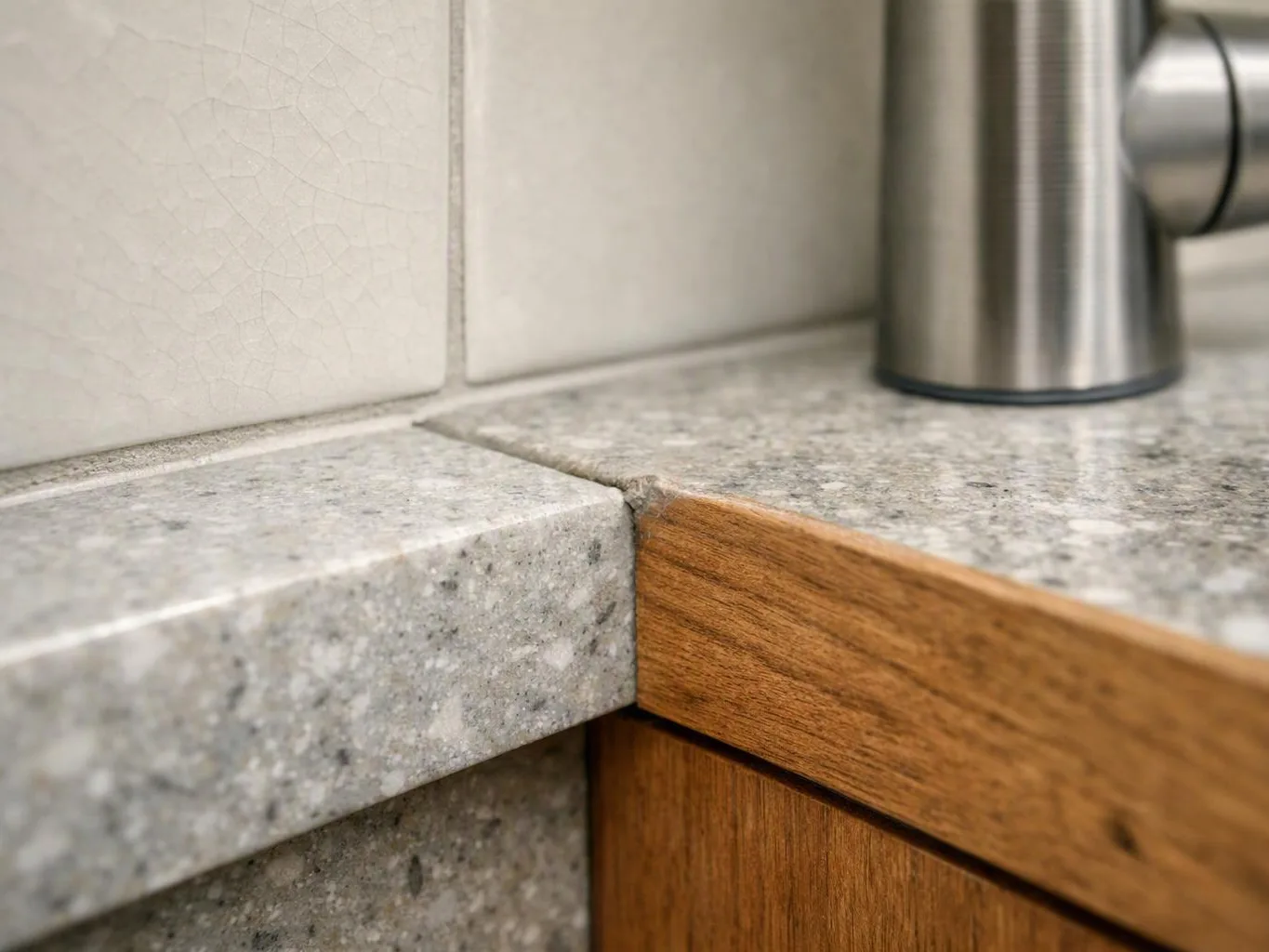Close-up of a kitchen counter corner with gray stone, wood trim, white tile, and a metal appliance base