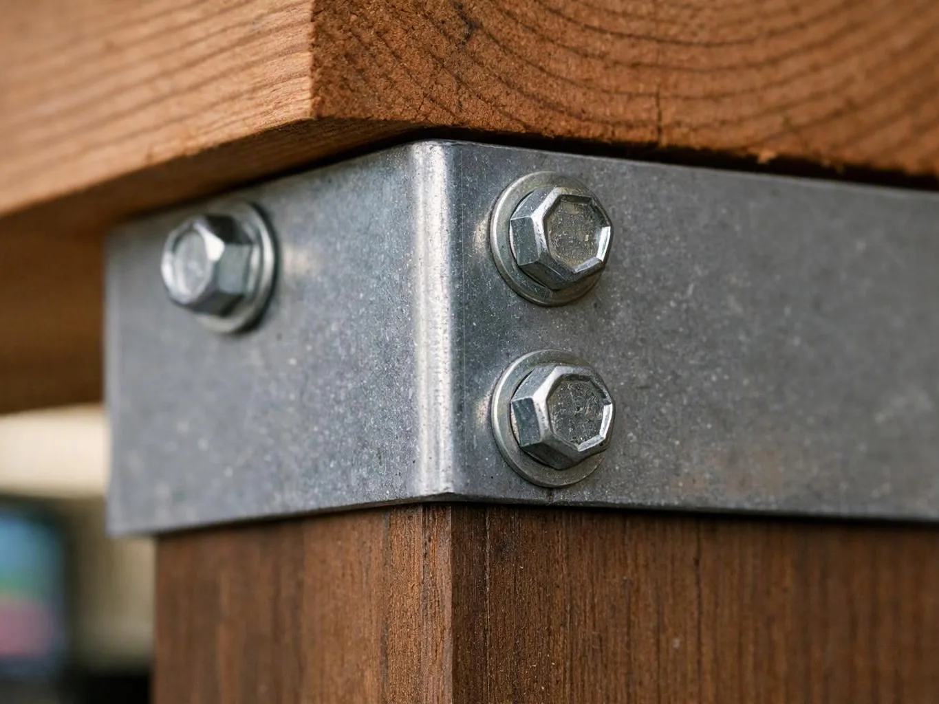 Close-up of a metal bracket bolted to wooden beams on a structural corner