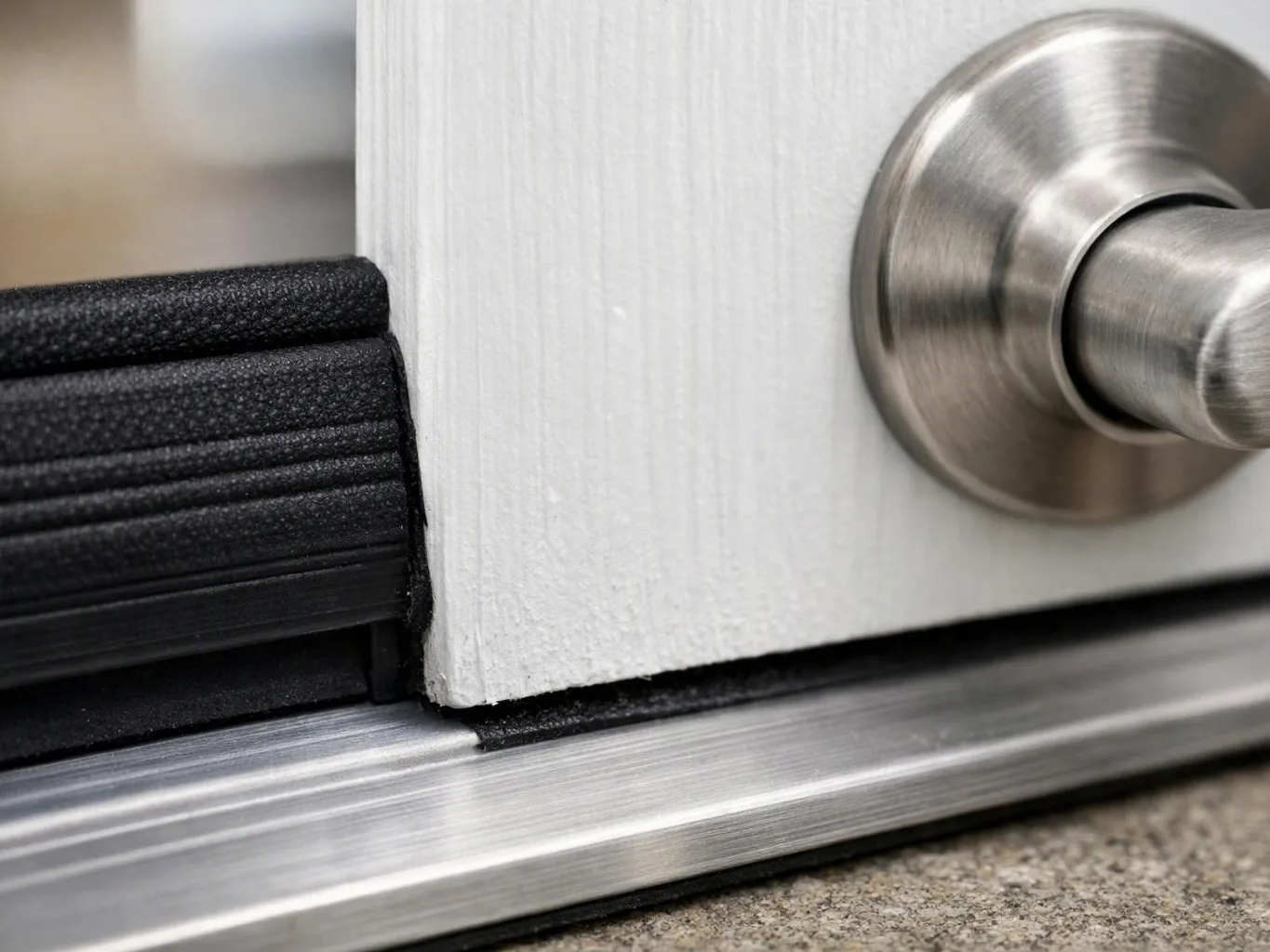 Close-up of a white door edge with a brushed metal knob and black rubber seal on a track