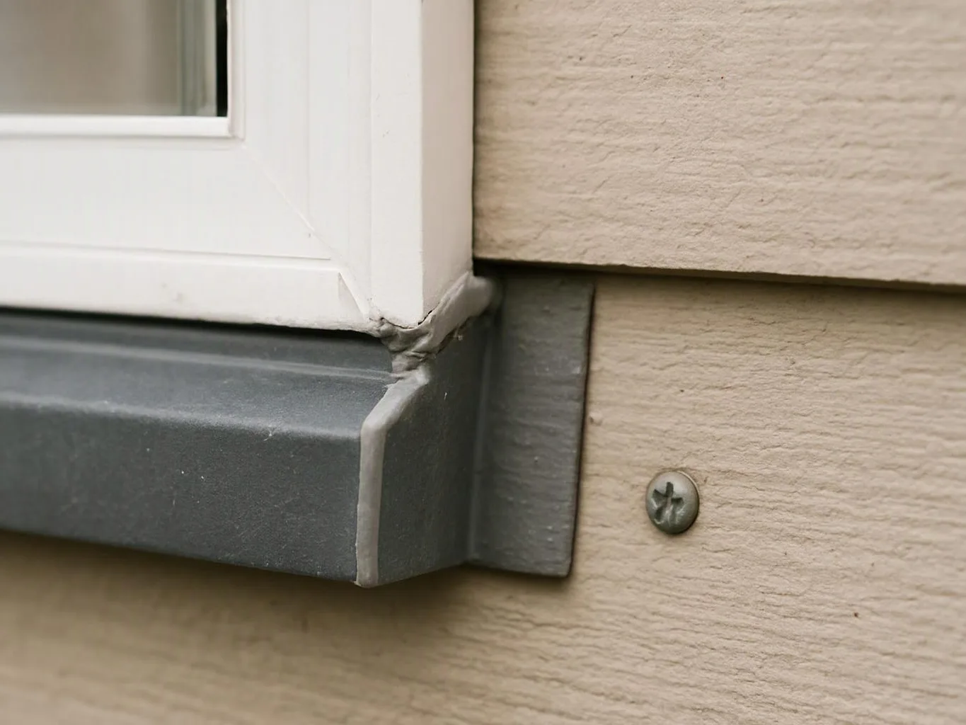 Close-up of a white window frame on beige siding, showing a dark trim corner and one screw