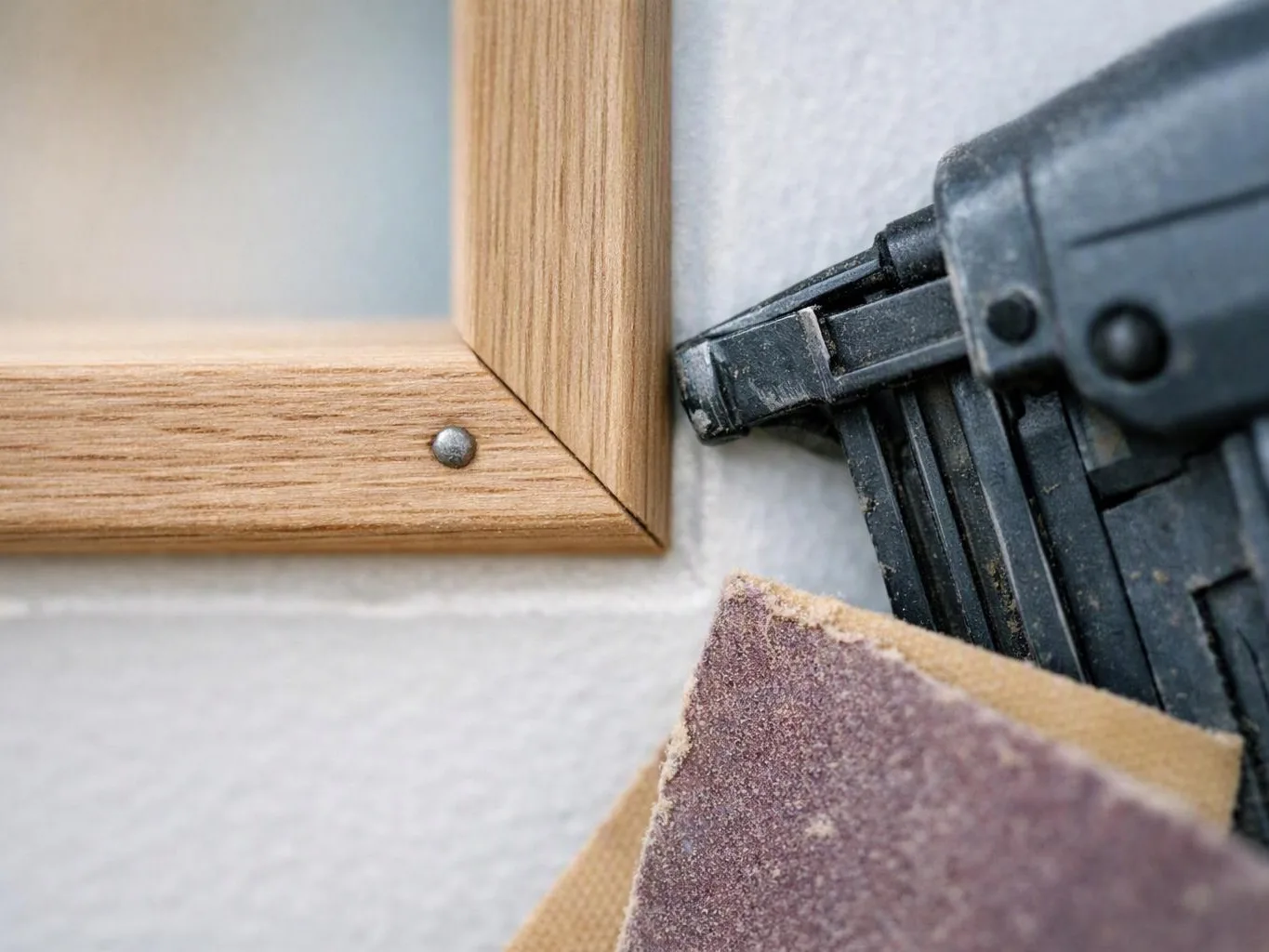 Close-up of a wooden frame corner beside a black nail gun and sandpaper against a white wall