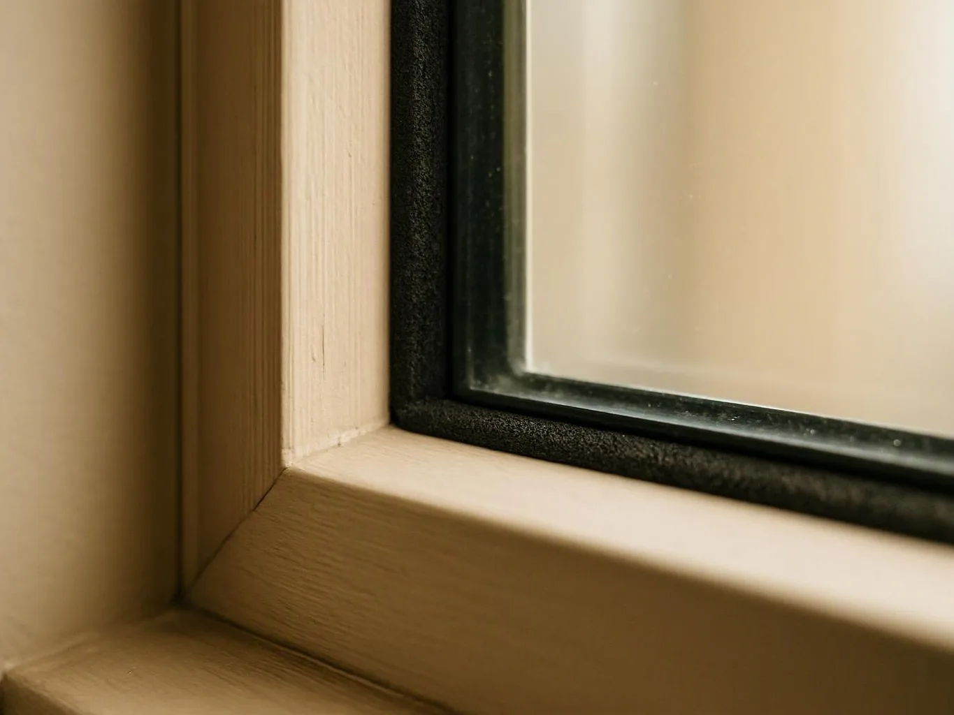 Close-up of a wooden window frame with black trim and frosted glass inside a room