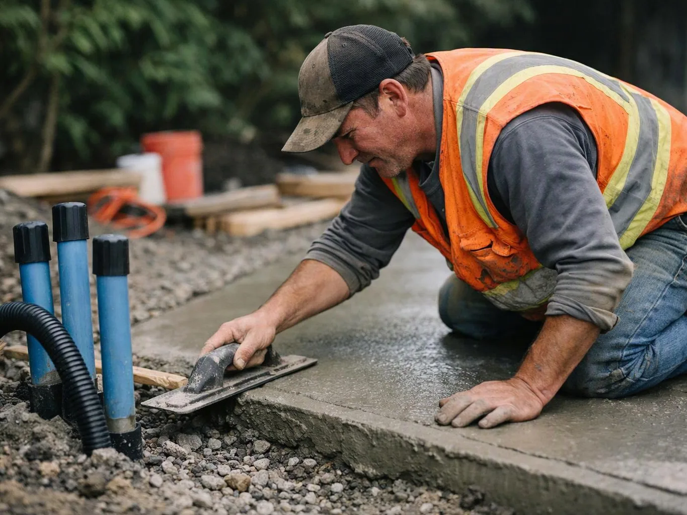 A construction worker kneels, smoothing wet concrete beside blue pipes at an outdoor work site