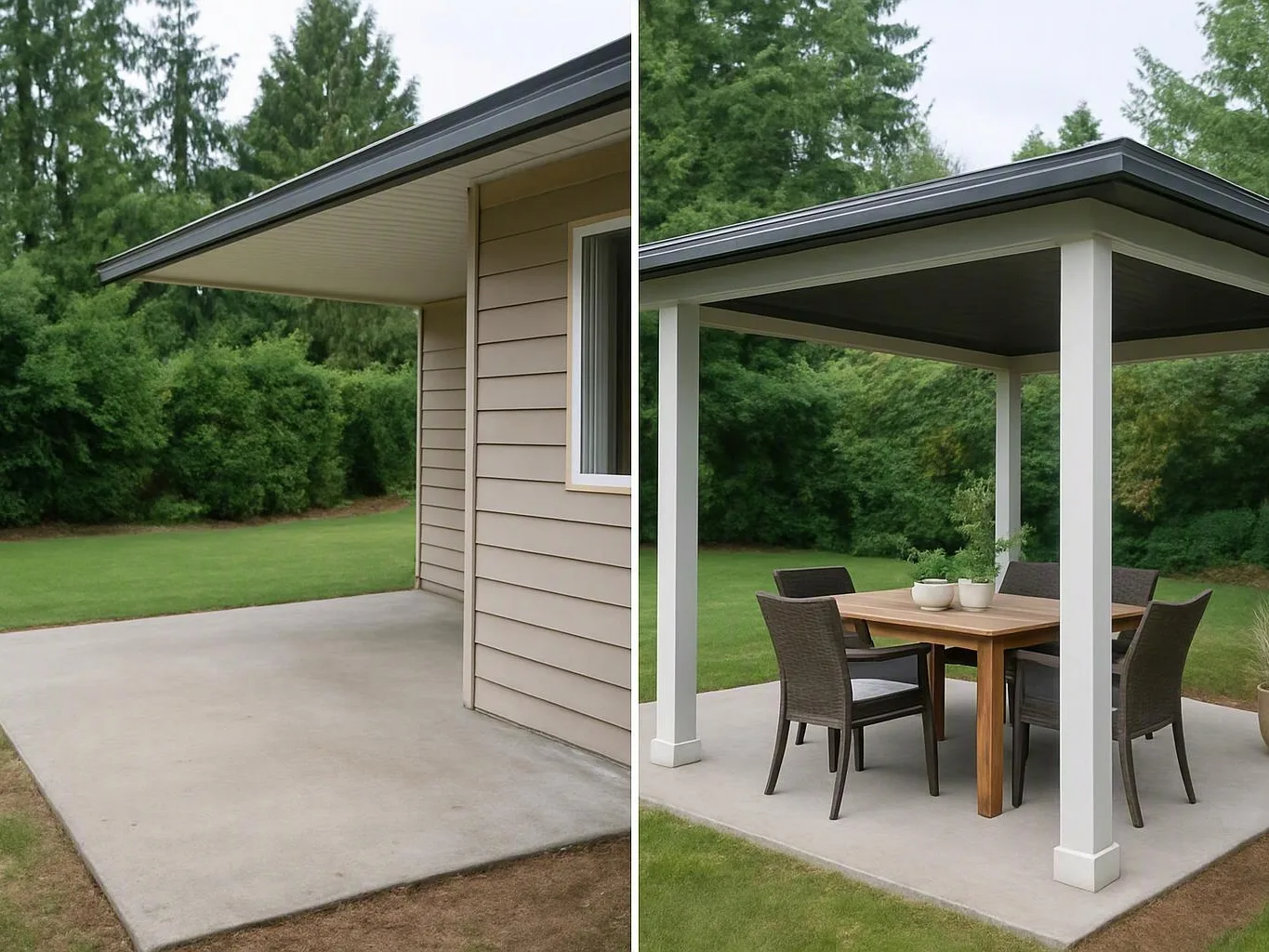 A covered patio changes from empty concrete to a dining area with a table and four chairs