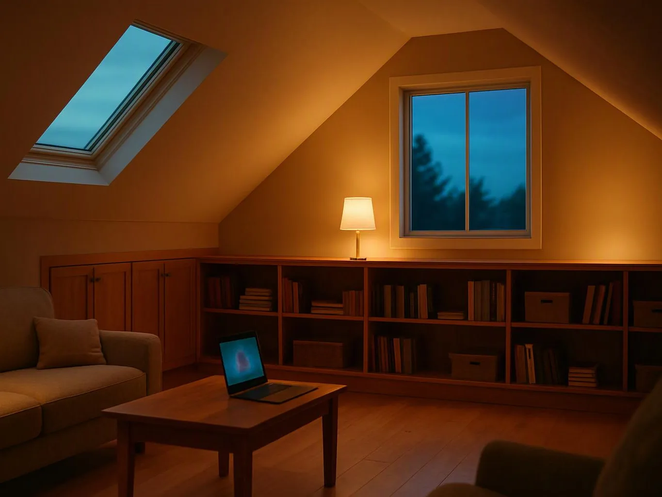 A cozy attic living room glows with a lamp, a laptop on the table, bookshelves, and two windows at dusk
