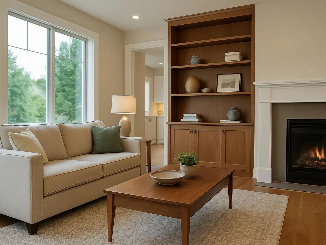 A cozy living room shows a beige sofa, wooden coffee table, built-in shelves, and a lit fireplace
