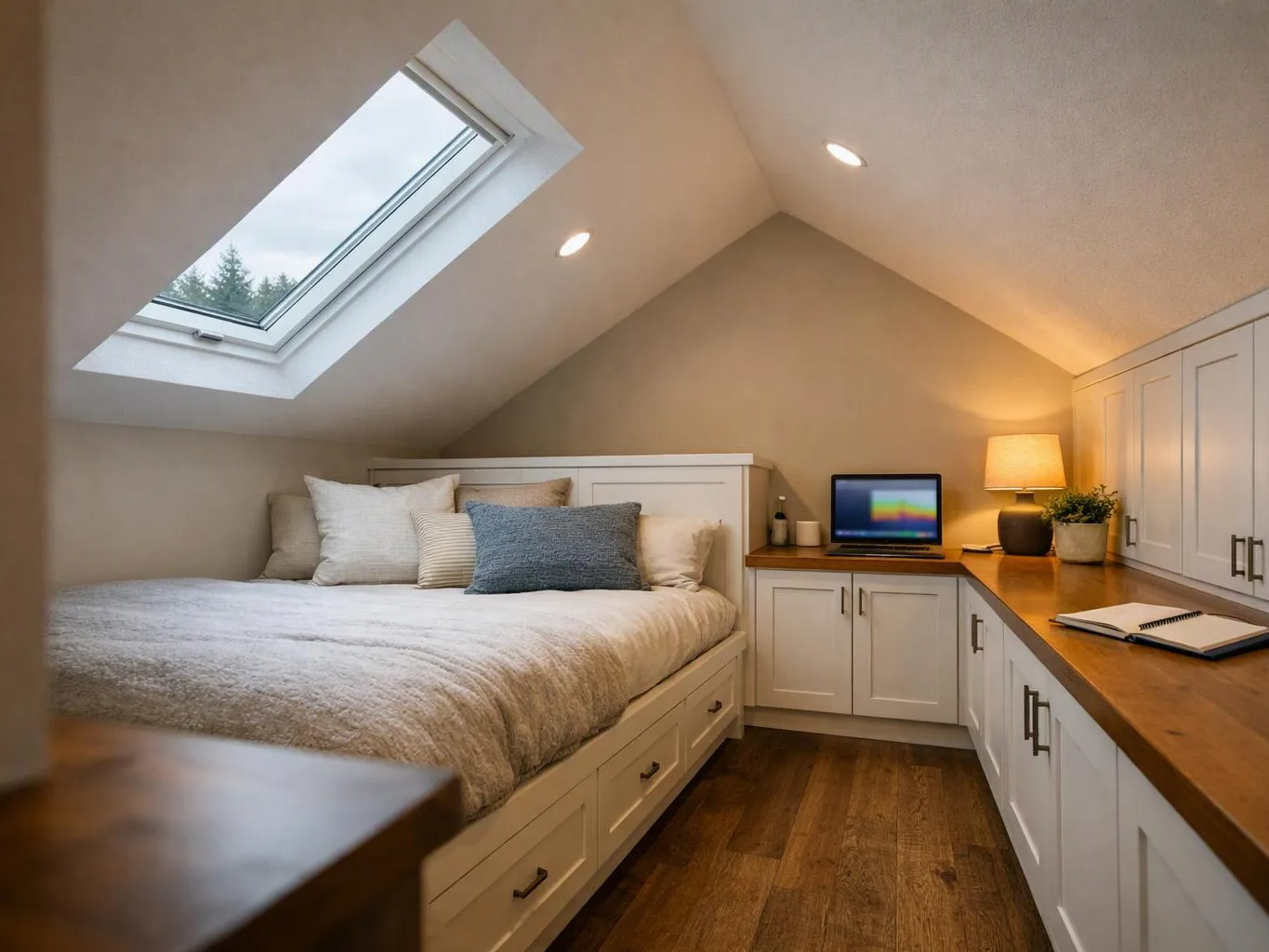 A cozy loft bedroom with a skylight, bed, desk, lamp, and built-in cabinets