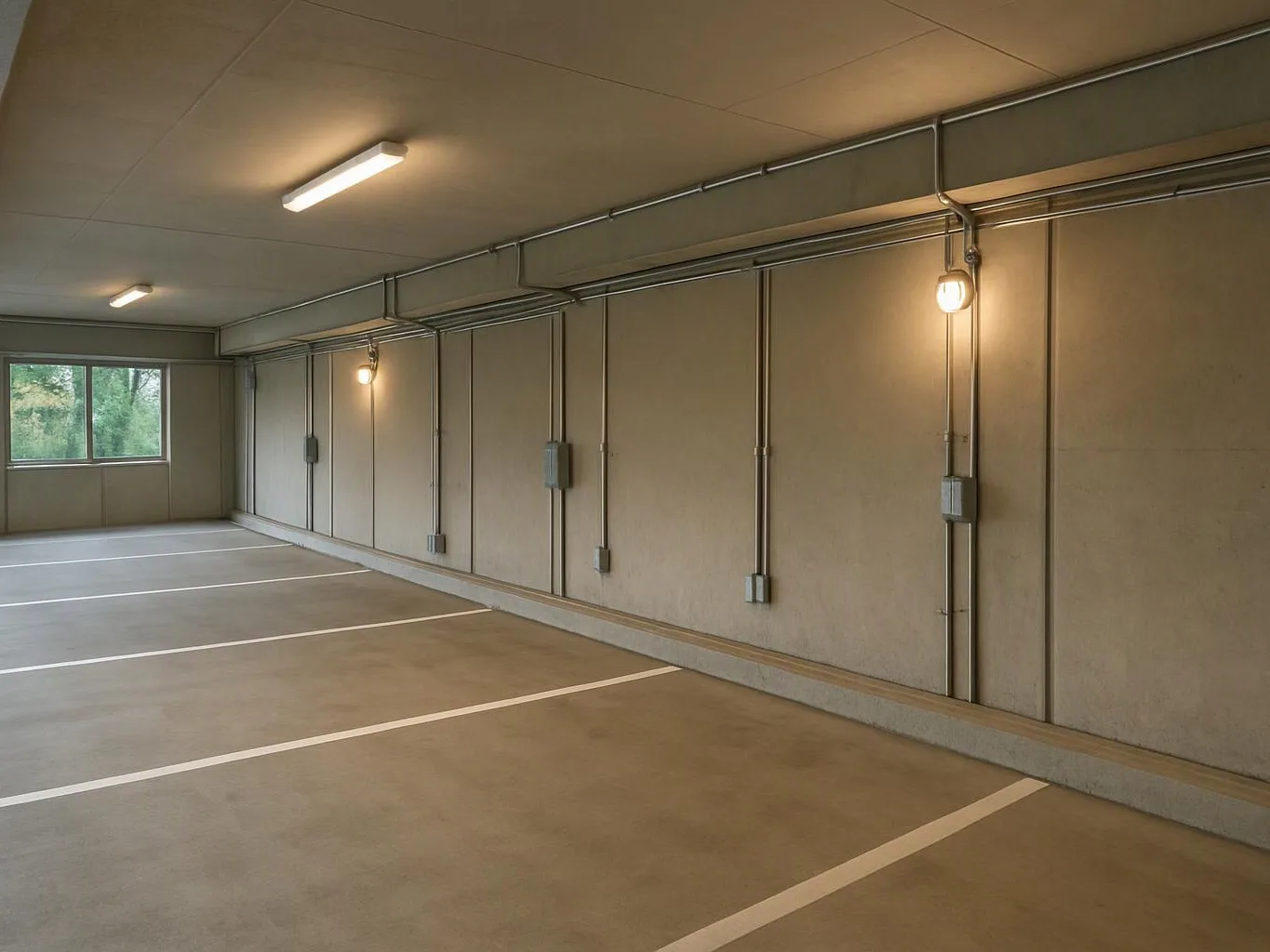 Empty indoor parking garage with painted spaces, wall lights, exposed conduits, and a window showing trees