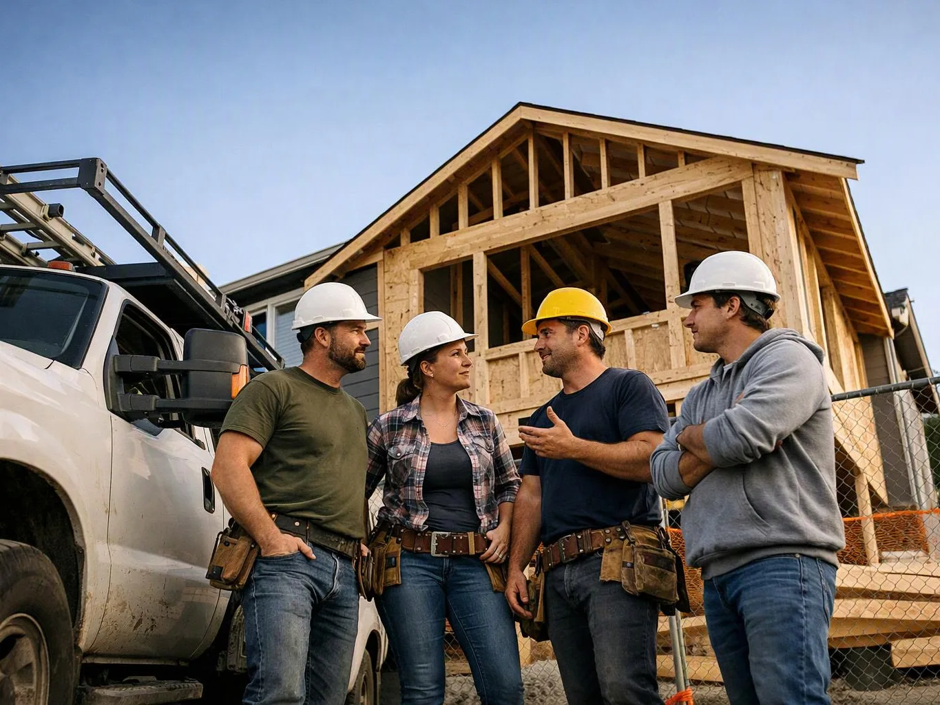 Four construction workers in hard hats talk beside a truck and a framed wooden house under construction