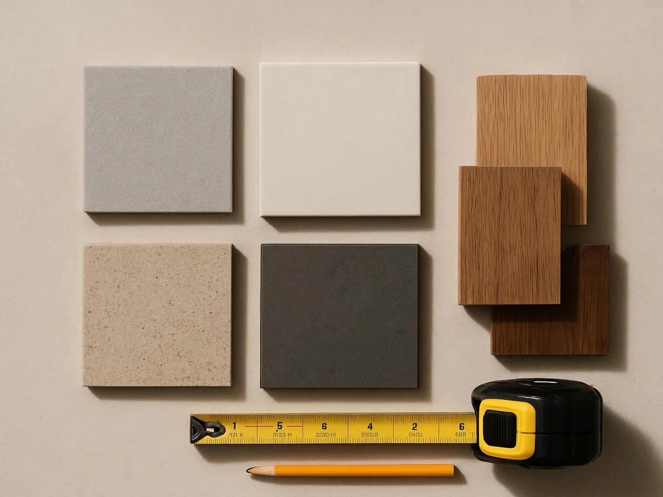 Four square material samples, three wood swatches, a tape measure, and a pencil lie on a beige surface