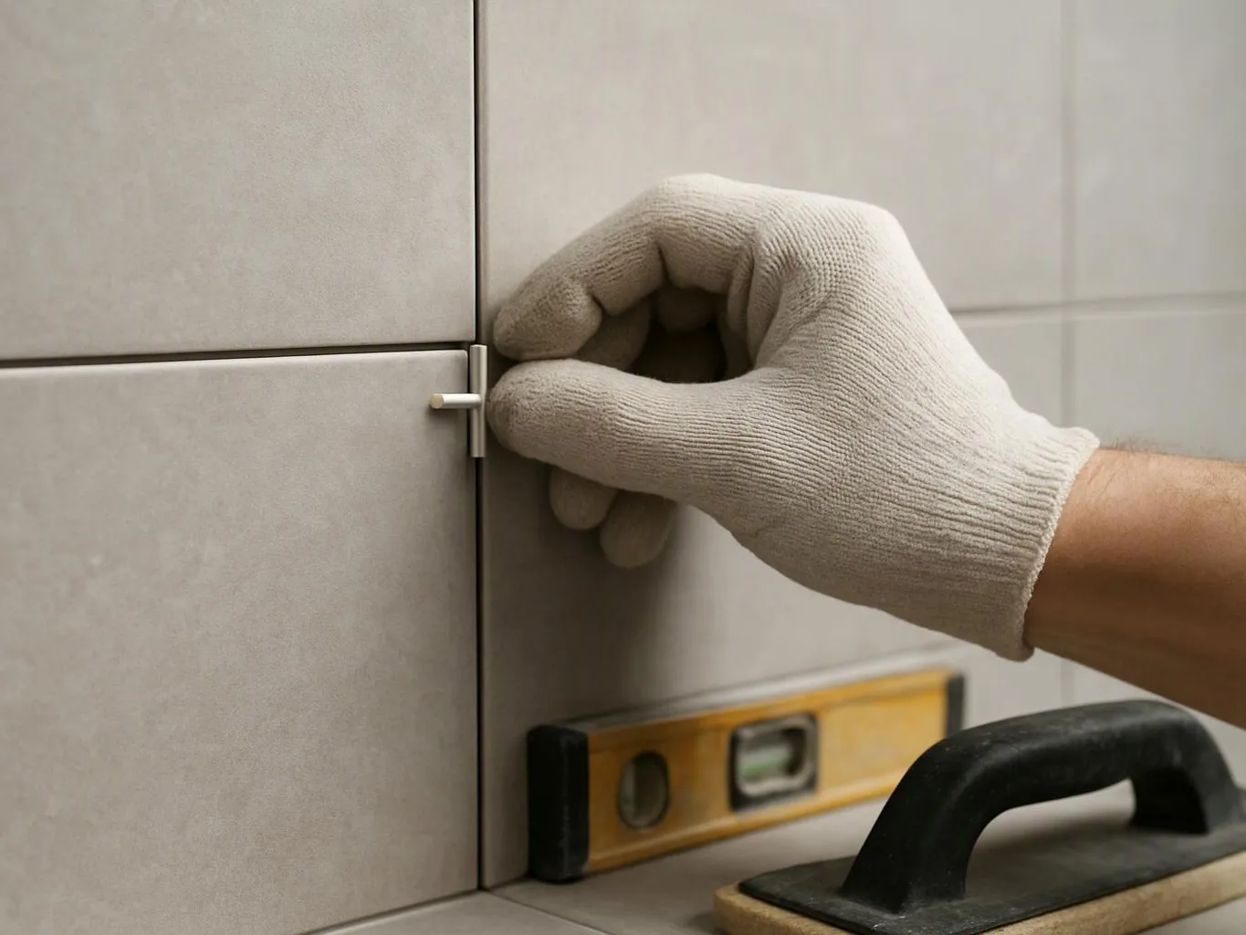 A gloved hand adjusts a tile spacer beside a wall, with a level and trowel on the floor