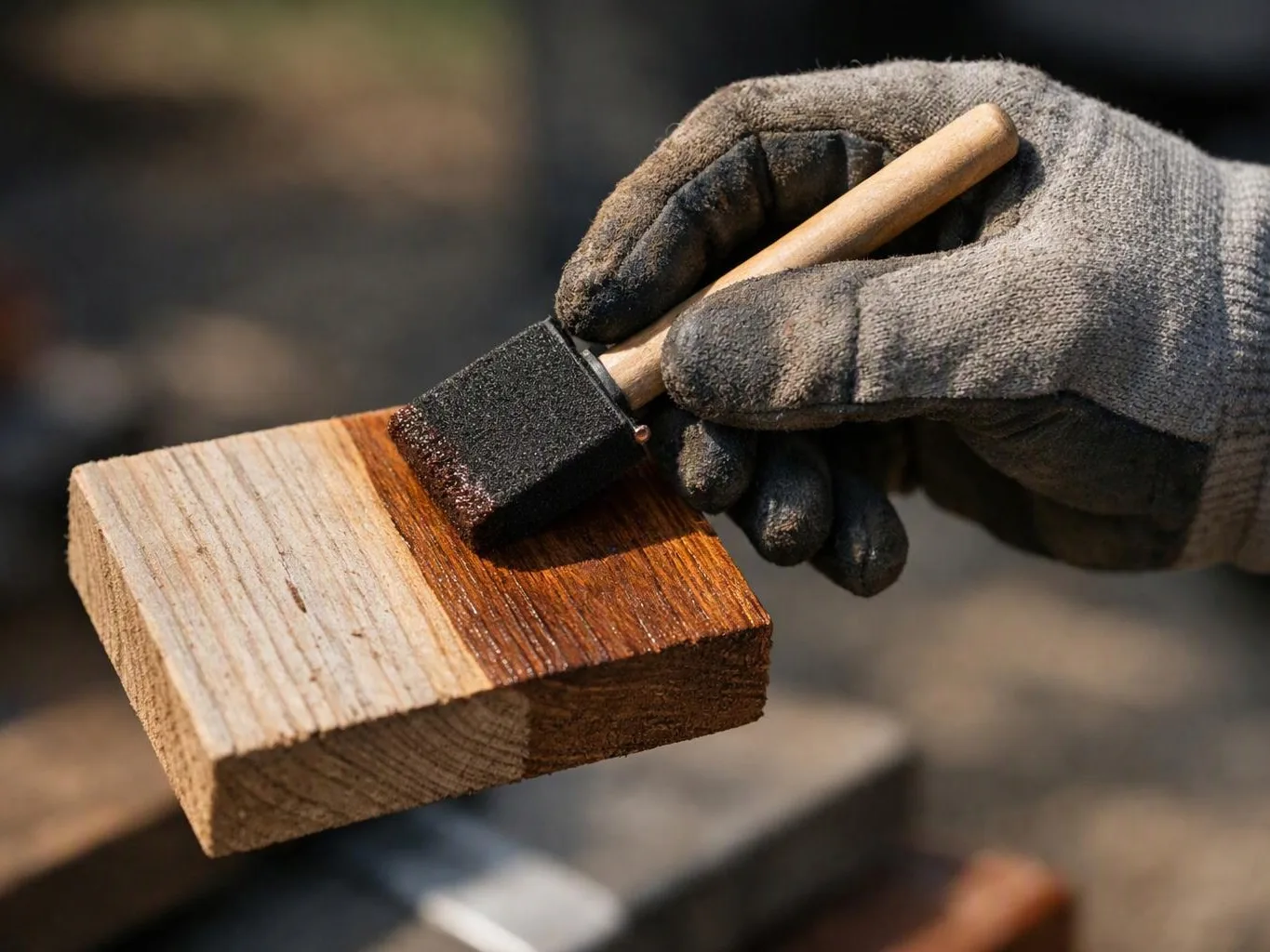 A gloved hand brushes dark stain onto a wooden plank outdoors