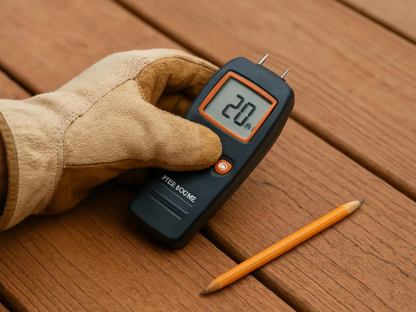 A gloved hand holds a digital moisture meter above a wooden surface, with a pencil nearby