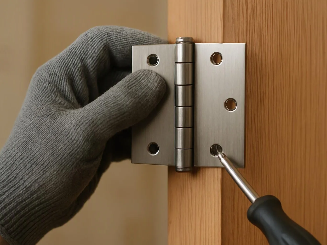 A gloved hand holds a door hinge while a screwdriver tightens a screw on a wooden door frame