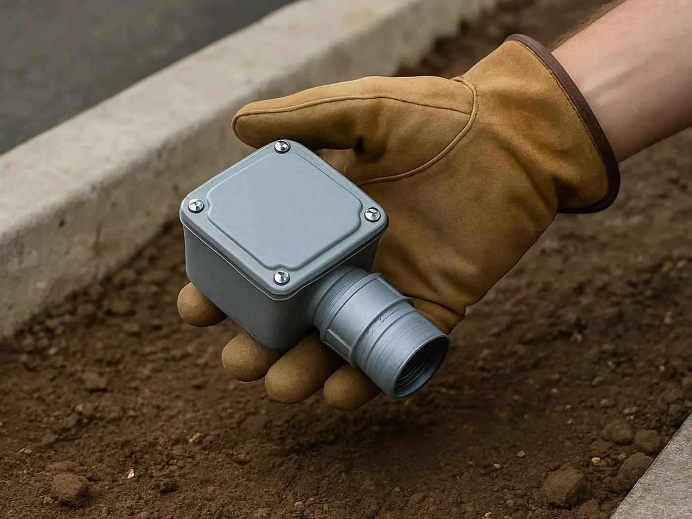 A gloved hand holds a gray metal electrical box over soil beside a concrete edge