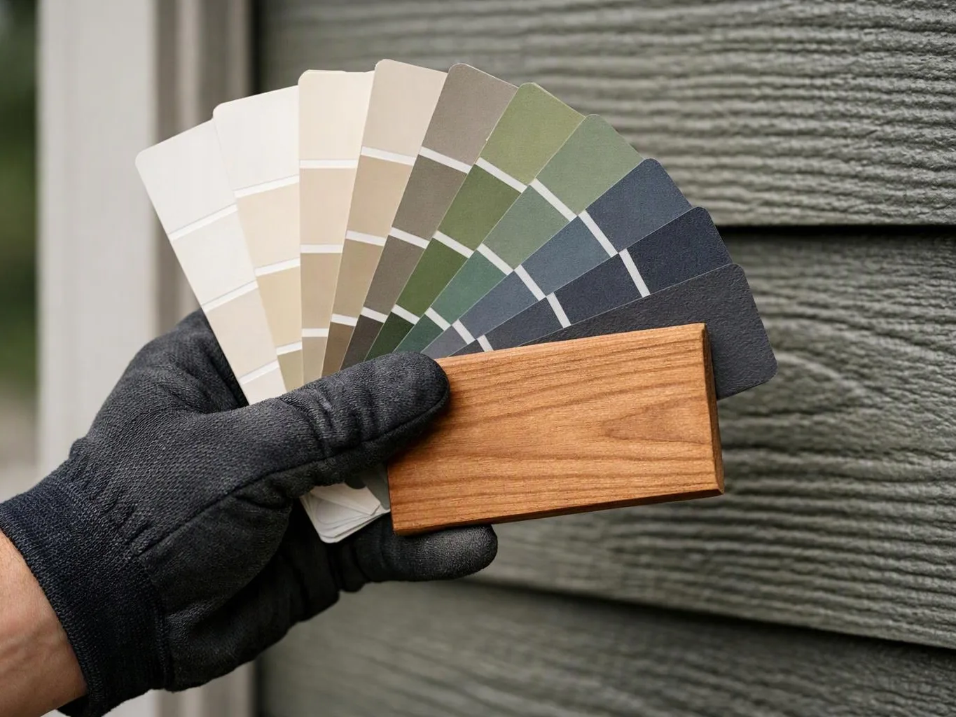 A gloved hand holds paint color swatches and a wood sample in front of textured siding