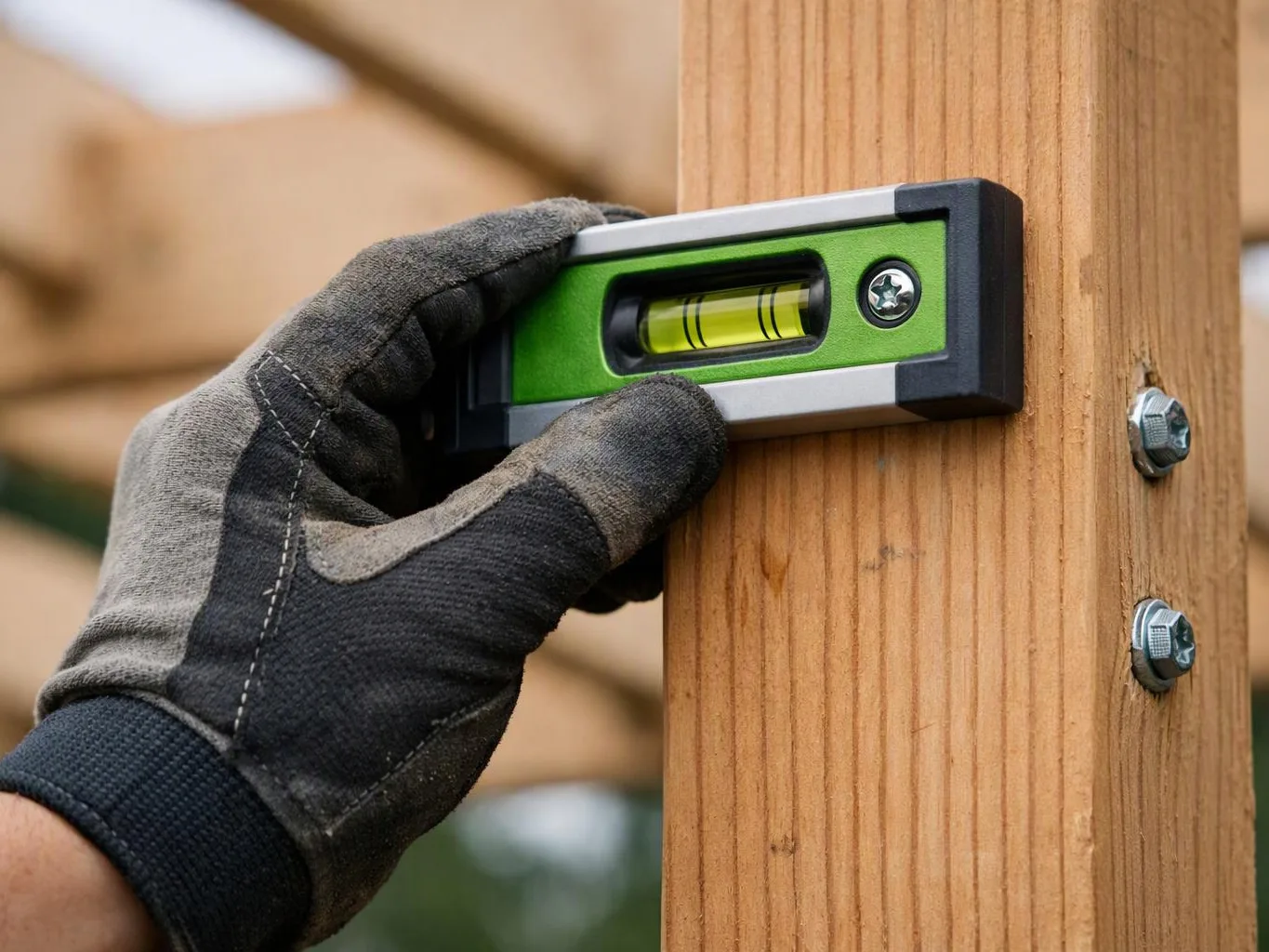 A gloved hand holds a small bubble level against a wooden post outdoors