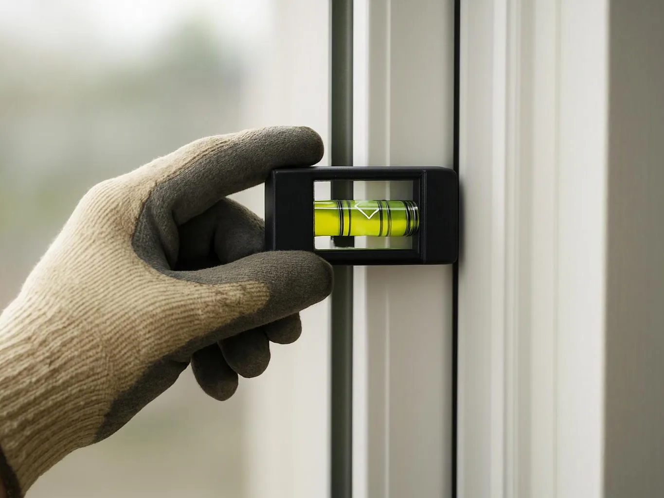 A gloved hand holds a small spirit level against a white window frame
