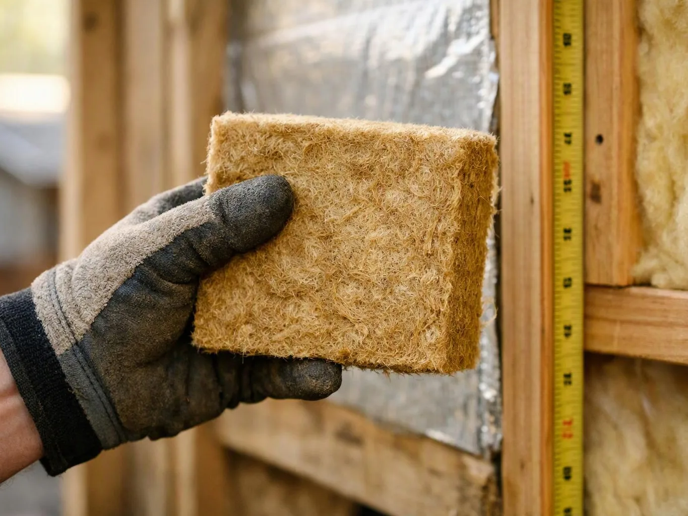 A gloved hand holds a square insulation block beside wooden framing and a measuring tape