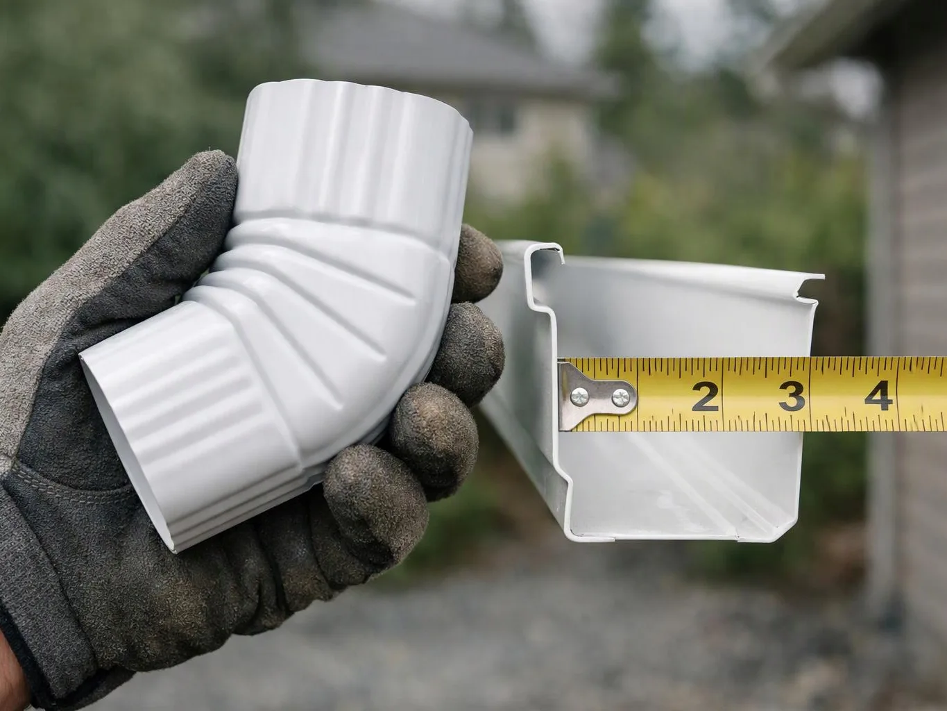 A gloved hand holds a white elbow gutter fitting beside a tape measure outdoors