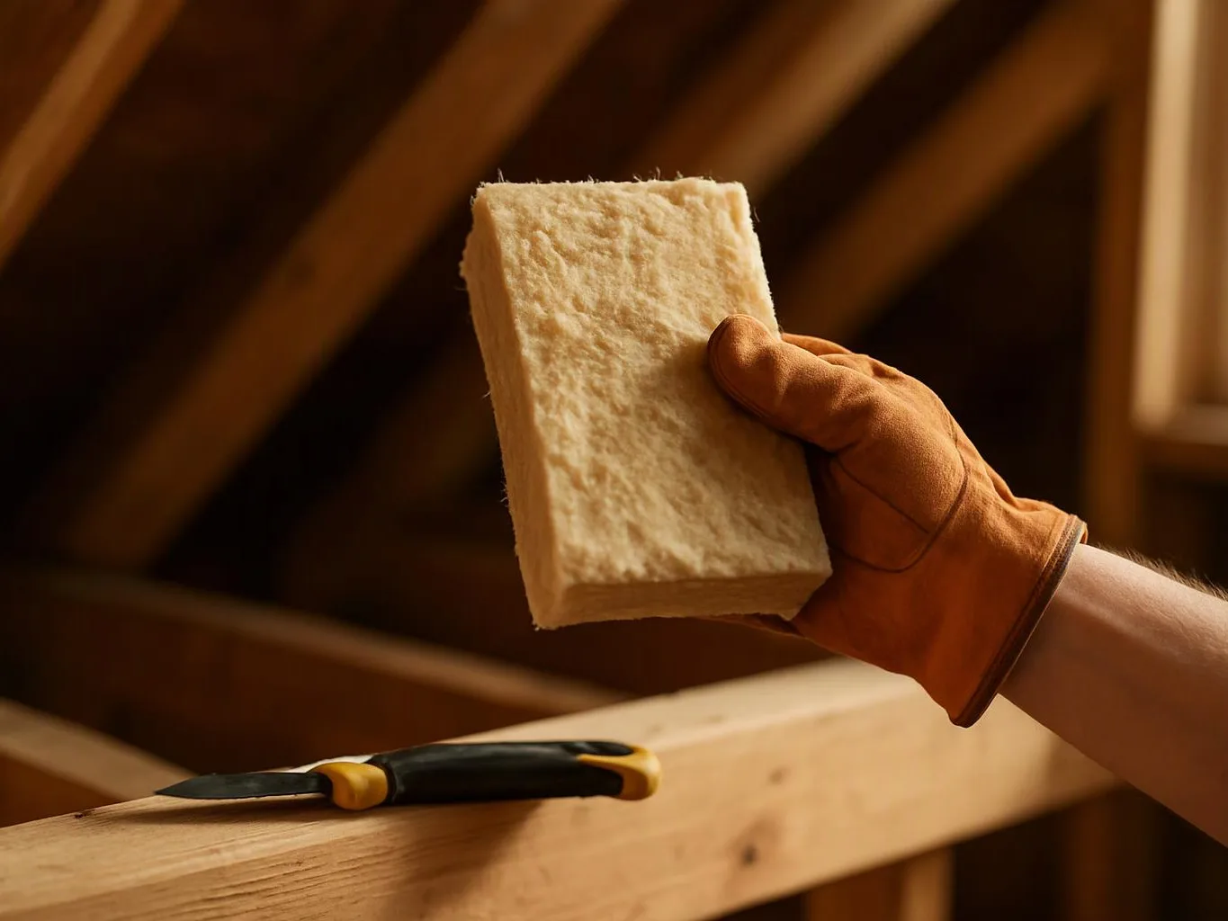 A gloved hand holds a white insulation board above a wooden beam with a utility knife nearby