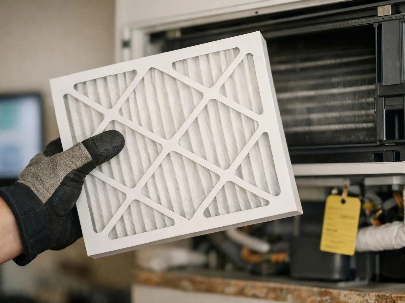 A gloved hand holds a white pleated air filter in front of an open HVAC unit