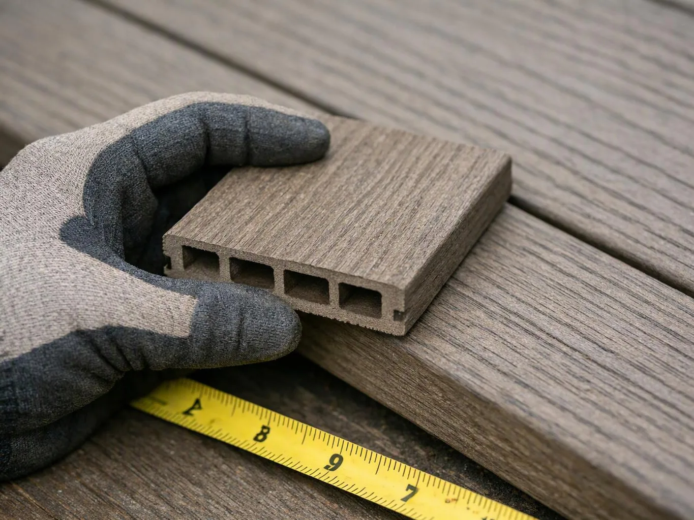 A gloved hand holds a wood composite deck board above a yellow measuring tape on planks