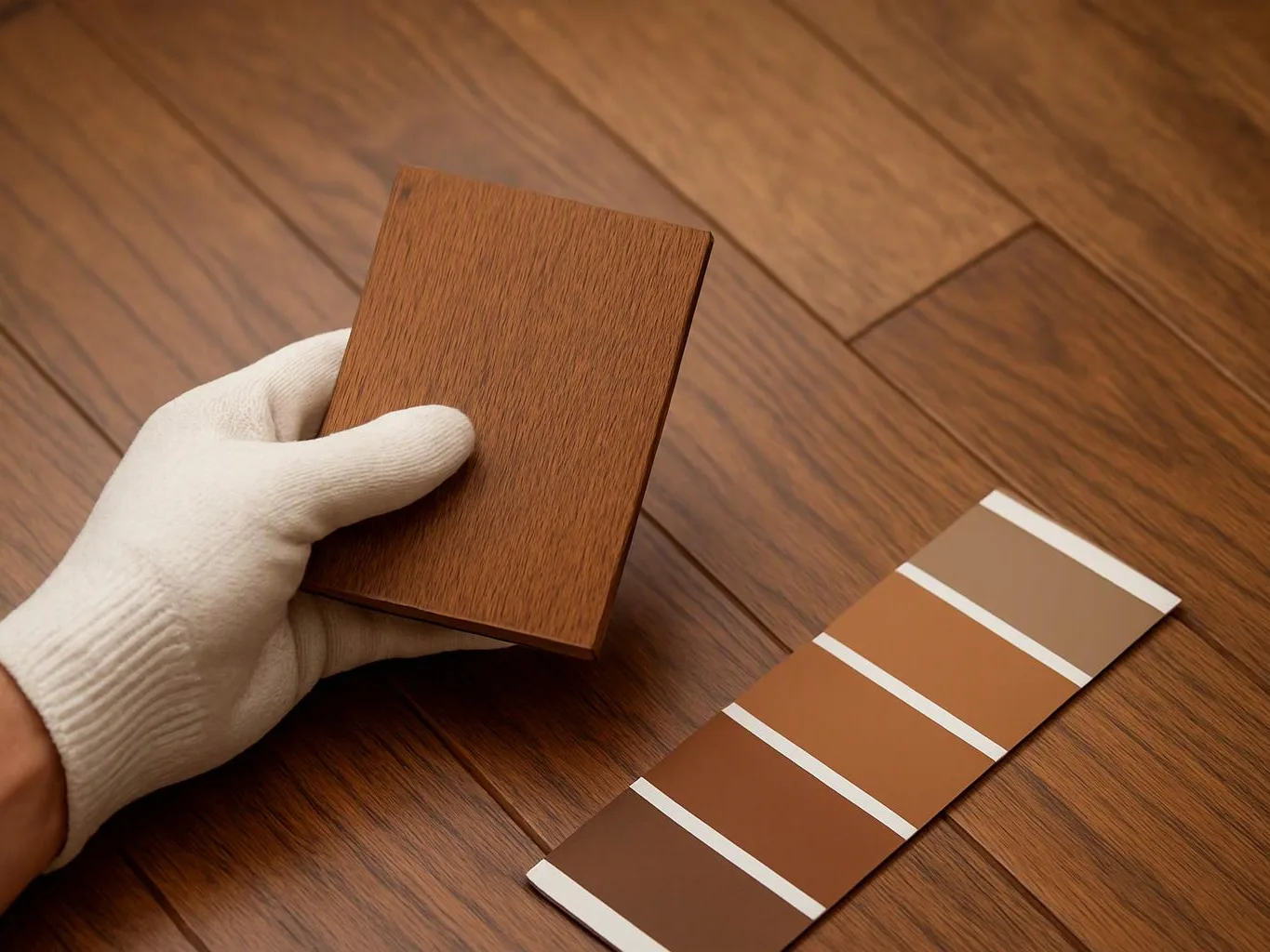 A gloved hand holds a wood sample beside a brown color swatch card on a wooden floor