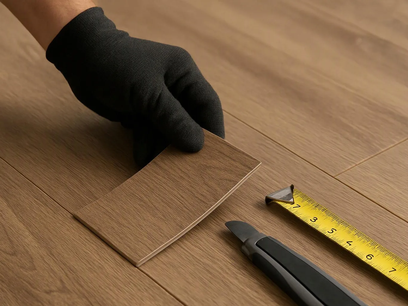 A gloved hand holds a wood sample beside a tape measure and utility knife on a wooden floor
