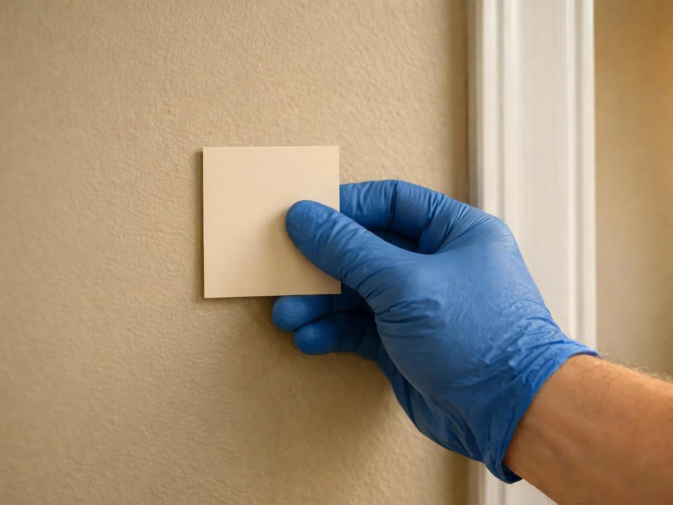 A gloved hand presses a blank square note against a beige wall beside a white doorframe