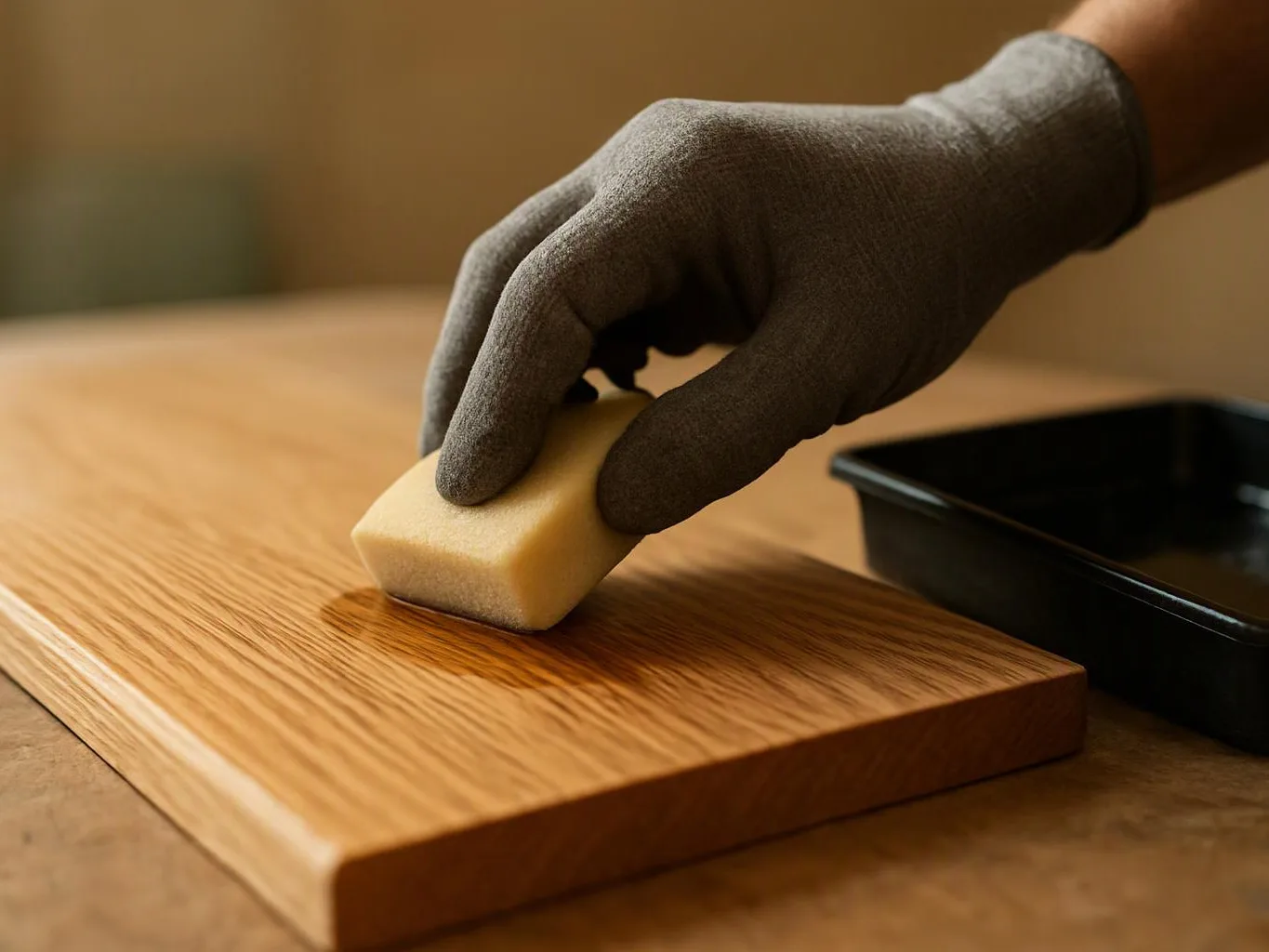 A gloved hand wipes a wooden board with a small sponge beside a black tray