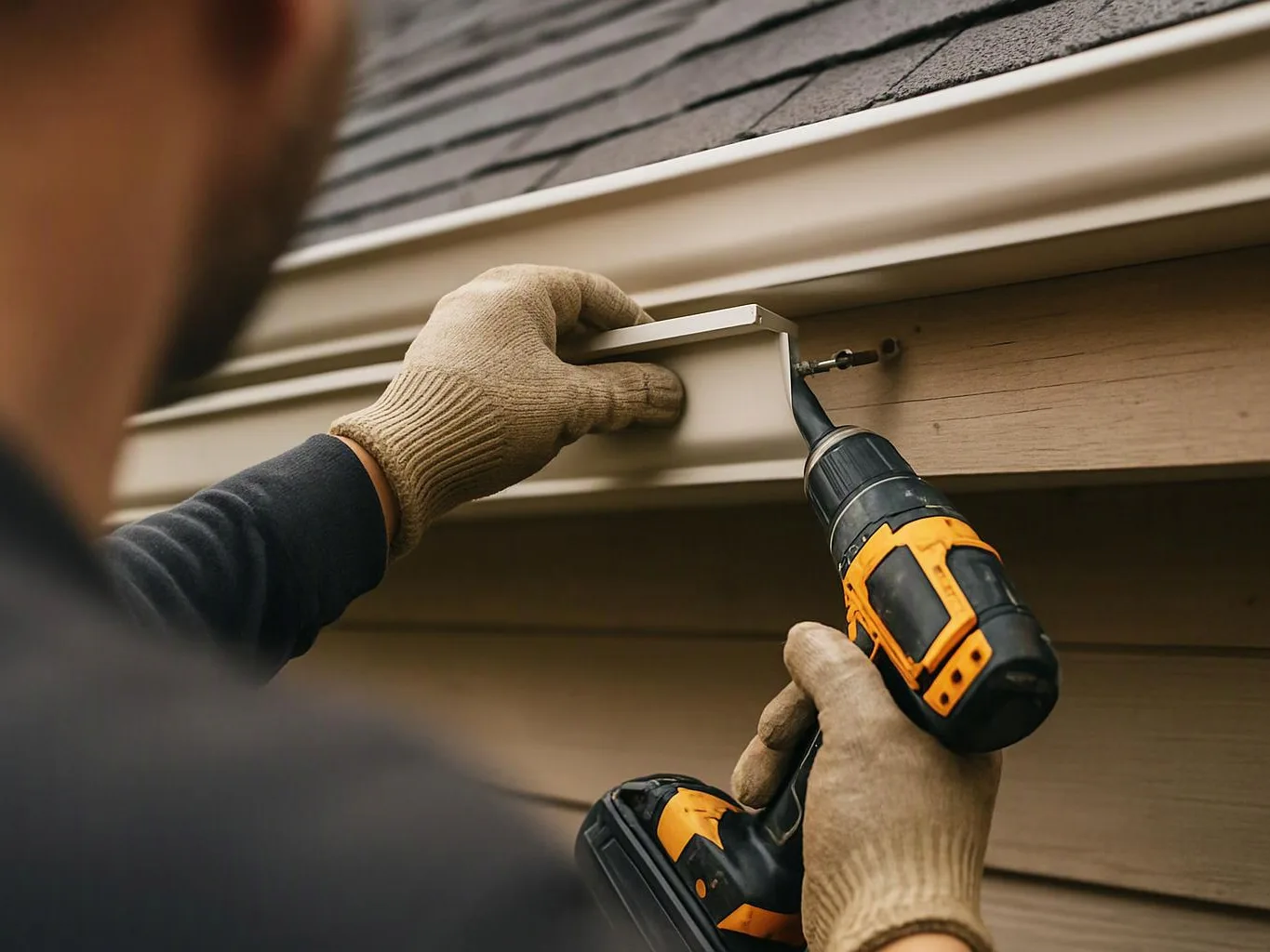 A gloved worker drills a screw into exterior house siding beneath the roofline