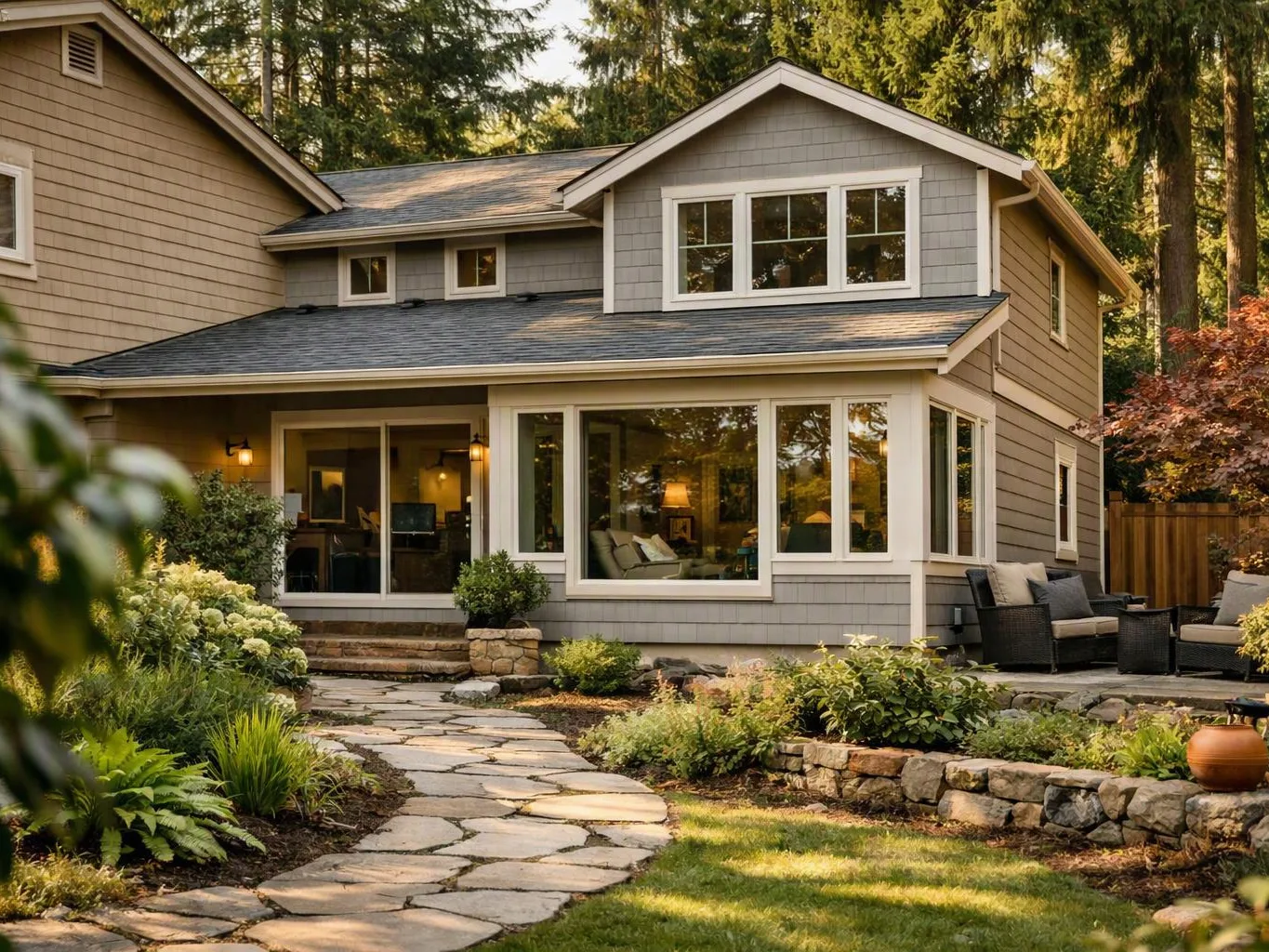 A gray two-story house with large windows sits behind a stone path and landscaped yard under tall trees