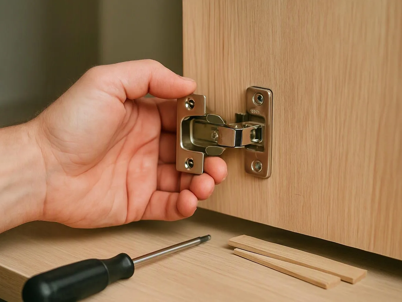 A hand adjusts a shiny cabinet hinge on a wooden door beside a screwdriver and small wood pieces