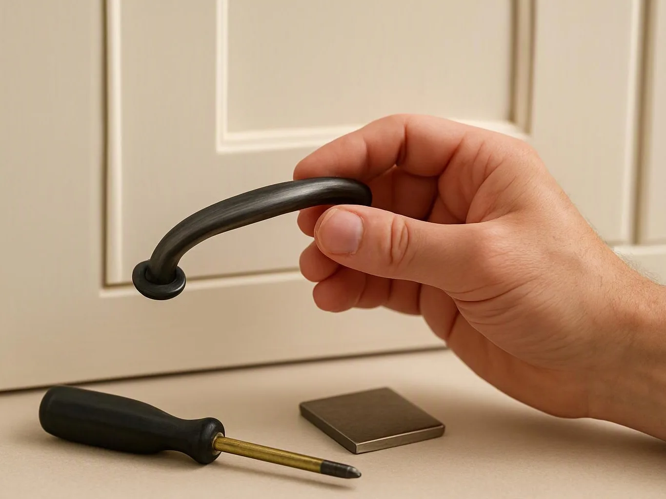 A hand holds a black cabinet handle above a matching screwdriver and square plate on a tabletop